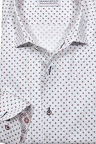 Experience the luxurious feel of crisp white cotton sateen with a stunning abstract red emblem pattern
