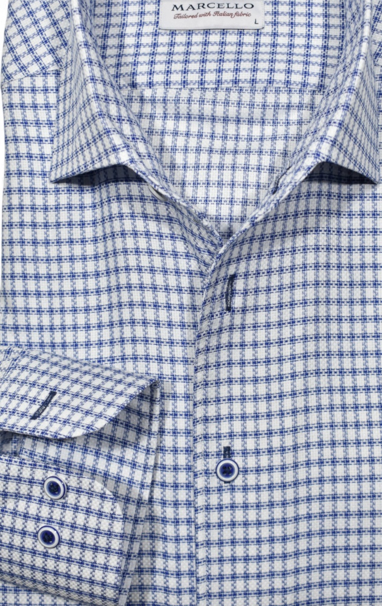 Embrace sophisticated style with the Marcello Derby Graduated Check Roll Collar.