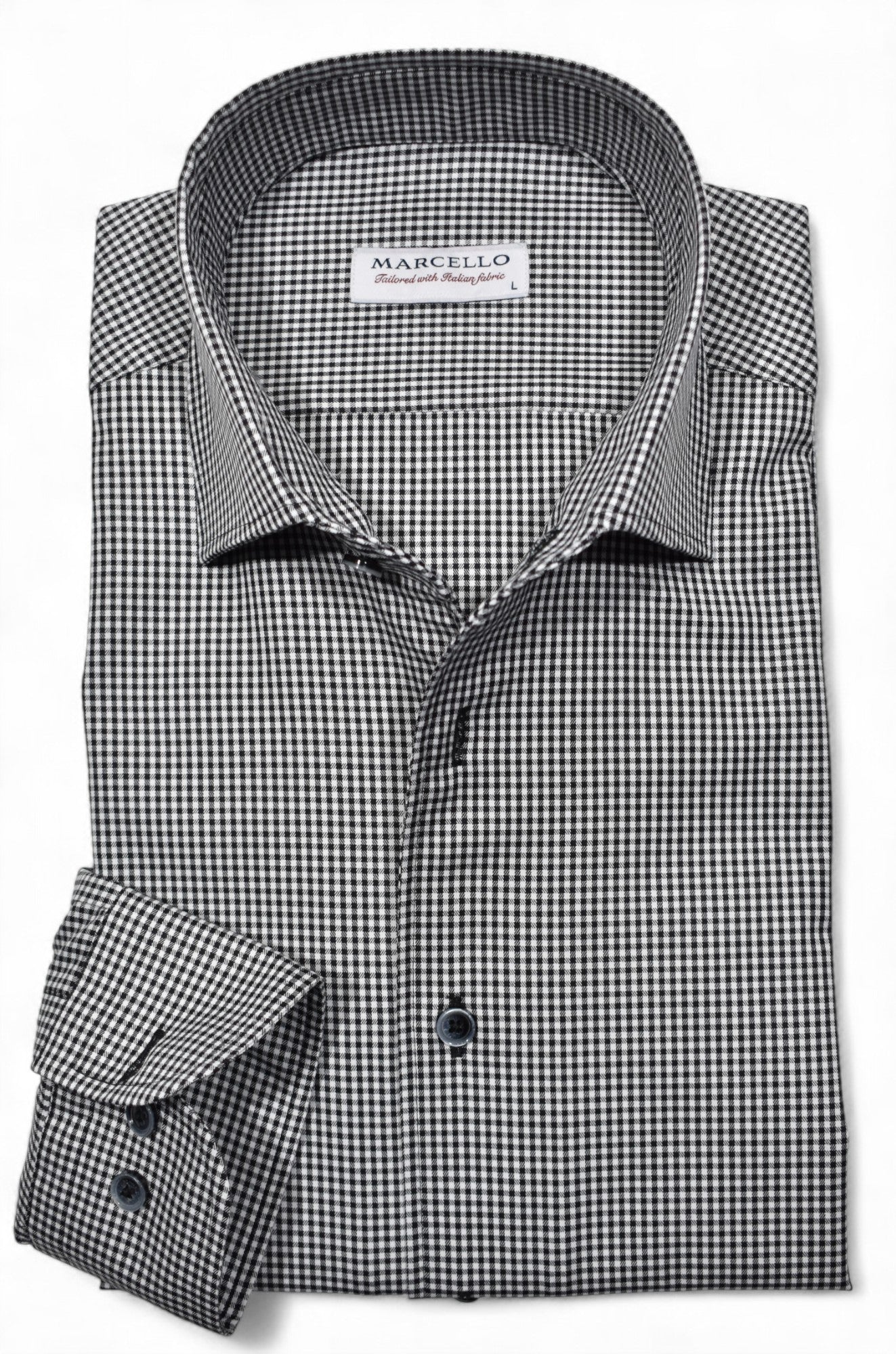 Elevate your style with the Marcello Black Textured Check Roll Collar.