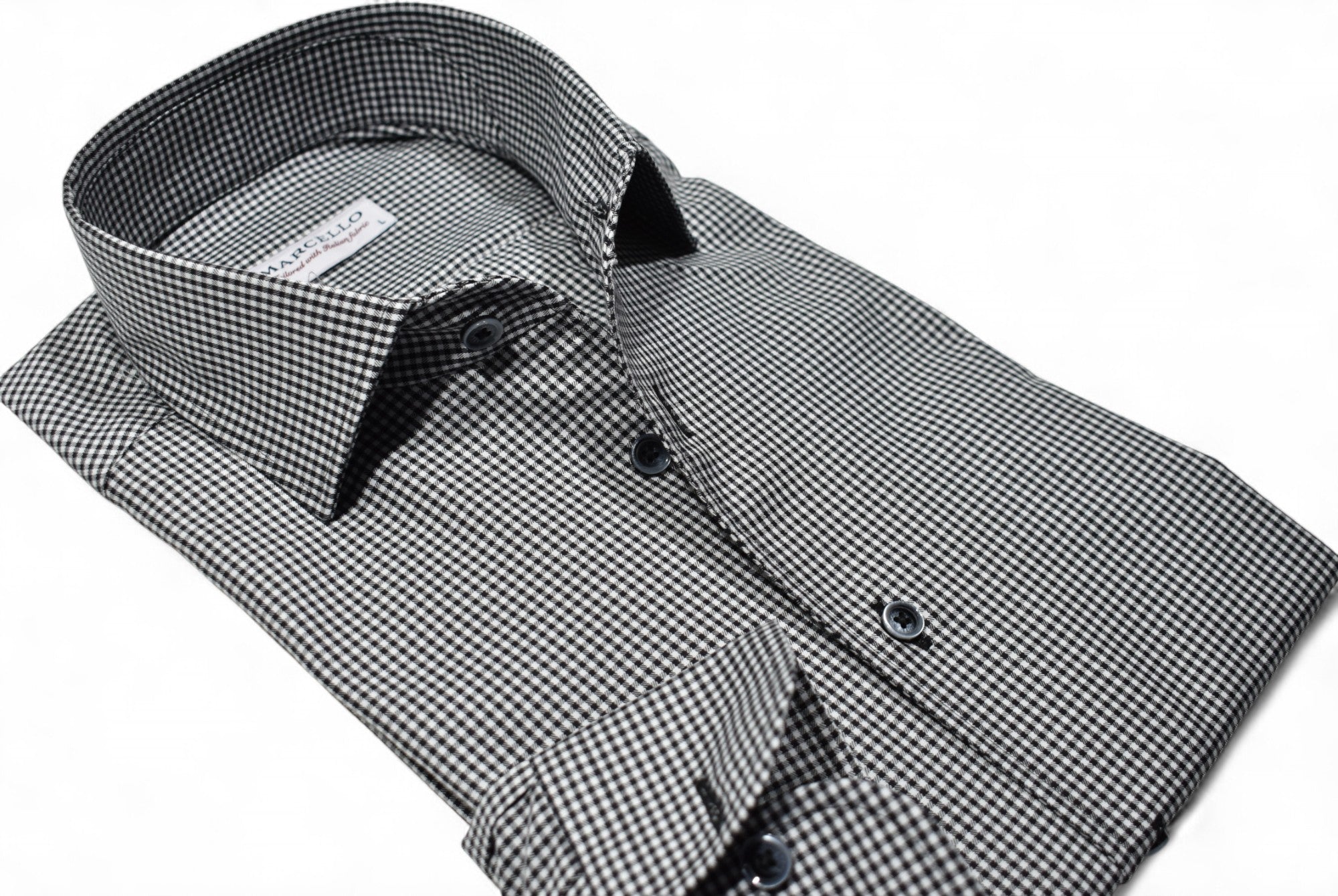 Elevate your style with the Marcello Black Textured Check Roll Collar.