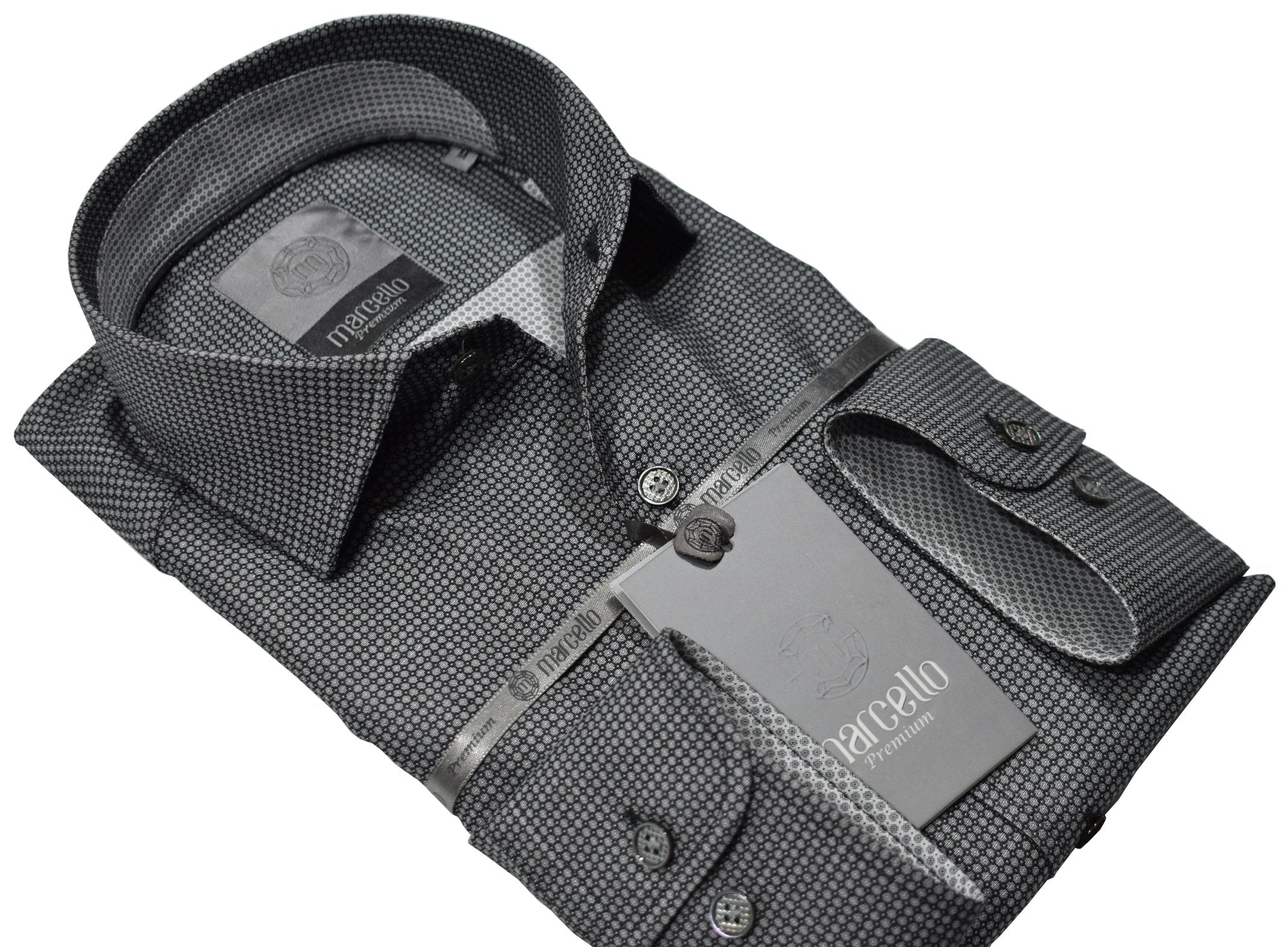 Elevate your wardrobe with the Marcello Premium Slate Hash Tag shirt. Crafted from extra fine fabrics sourced from fine Italian mills, our Marcello Premium program offers 100's 2 ply shirts in rich classic patterns. With the Marcello exclusive one piece roll collar, you'll feel confident and stylish in any setting.