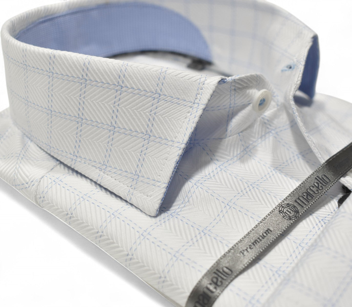 Marcello premium white shirt in a gorgeous herringbone tonal pattern with a touch of blue windowpane