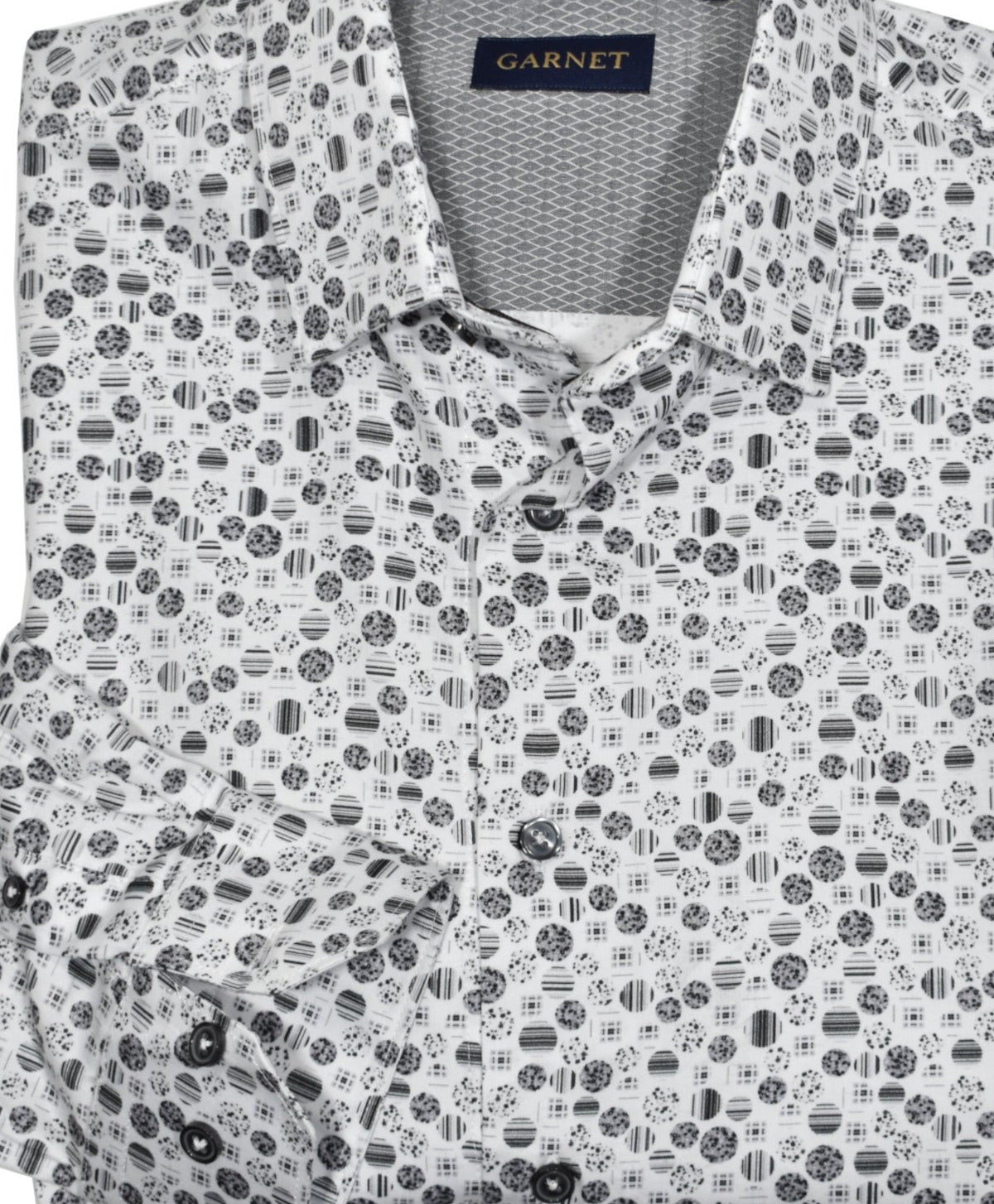 Transform your wardrobe with the dynamic ZA1038 Celestial Matter shirt. Featuring an eye-catching geometric print and an elegant blend of white, gray, charcoal and black, this shirt adds a touch of distinction to any outfit. Crafted from luxurious soft cotton, with a medium collar and classic shaped fit, this stylish piece will take you from day to night in effortless style.