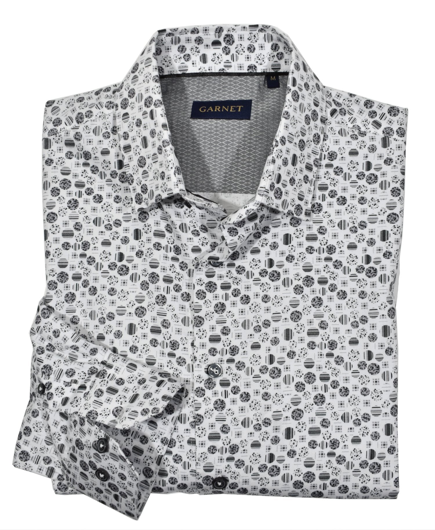 Transform your wardrobe with the dynamic ZA1038 Celestial Matter shirt. Featuring an eye-catching geometric print and an elegant blend of white, gray, charcoal and black, this shirt adds a touch of distinction to any outfit. Crafted from luxurious soft cotton, with a medium collar and classic shaped fit, this stylish piece will take you from day to night in effortless style.
