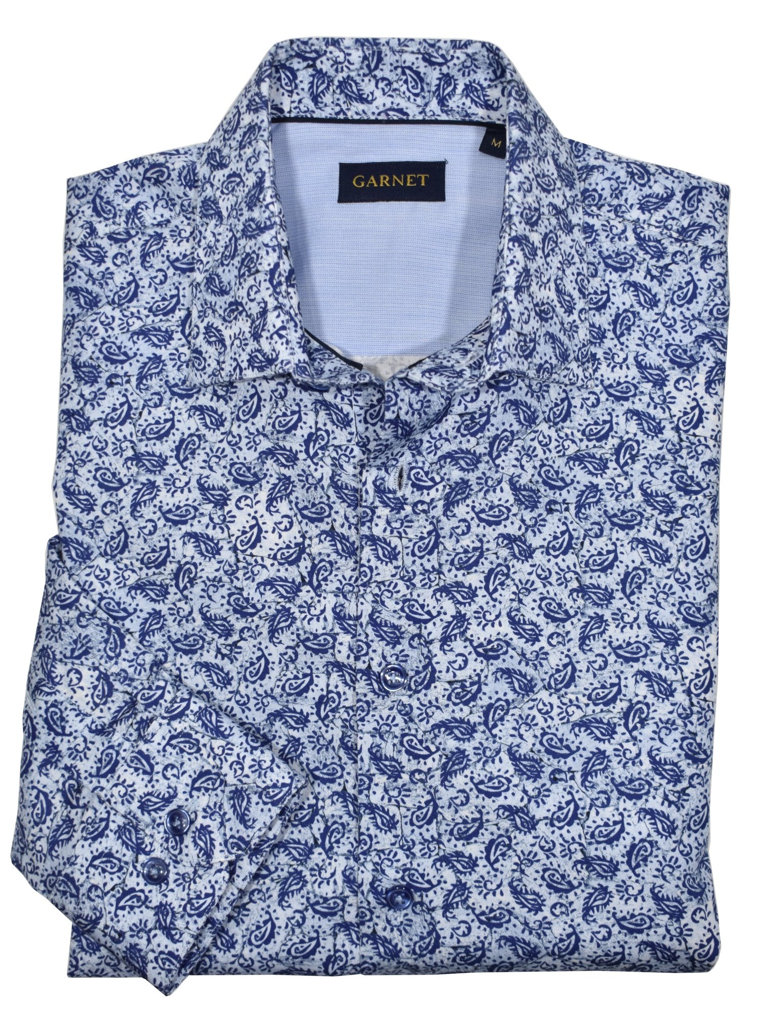 Be the envy of your friends with the Fightin' Paisley sport shirt. Its navy paisleys add a hip vibe to the ultra-soft cotton fabric, and its medium collar and classic shaped fit ensure you look your best! Add this shirt to your wardrobe and become the star of any event. The rich navy colors are perfect to pair with your favorite denims.  Classic shaped fit.