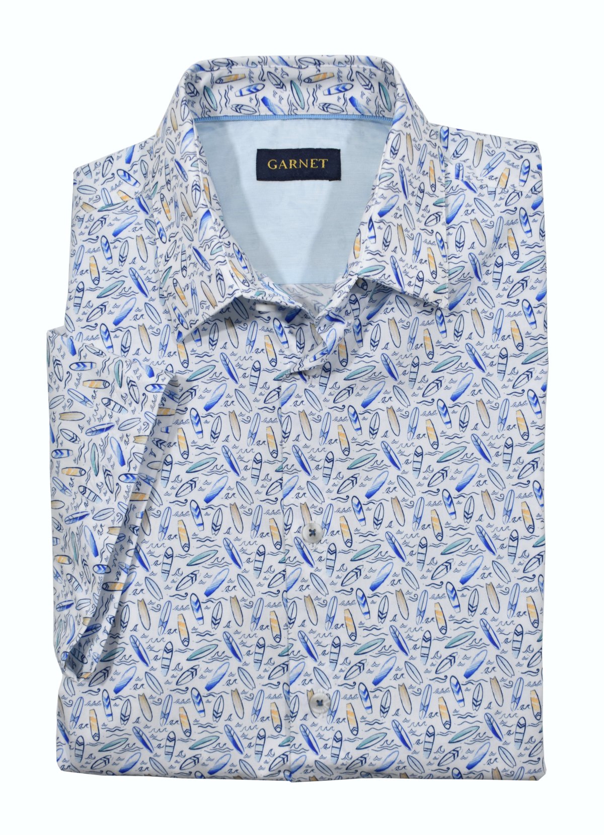 "Ride the wave of style with our ZA10861 Catchin' Waves Shirt! Made from soft cotton sateen, this conversational shirt features a playful print of small surfboards and waves in rich ocean colors. With a tailored collar, trim fabric, and short sleeves, you'll be ready to hit the beach in style.