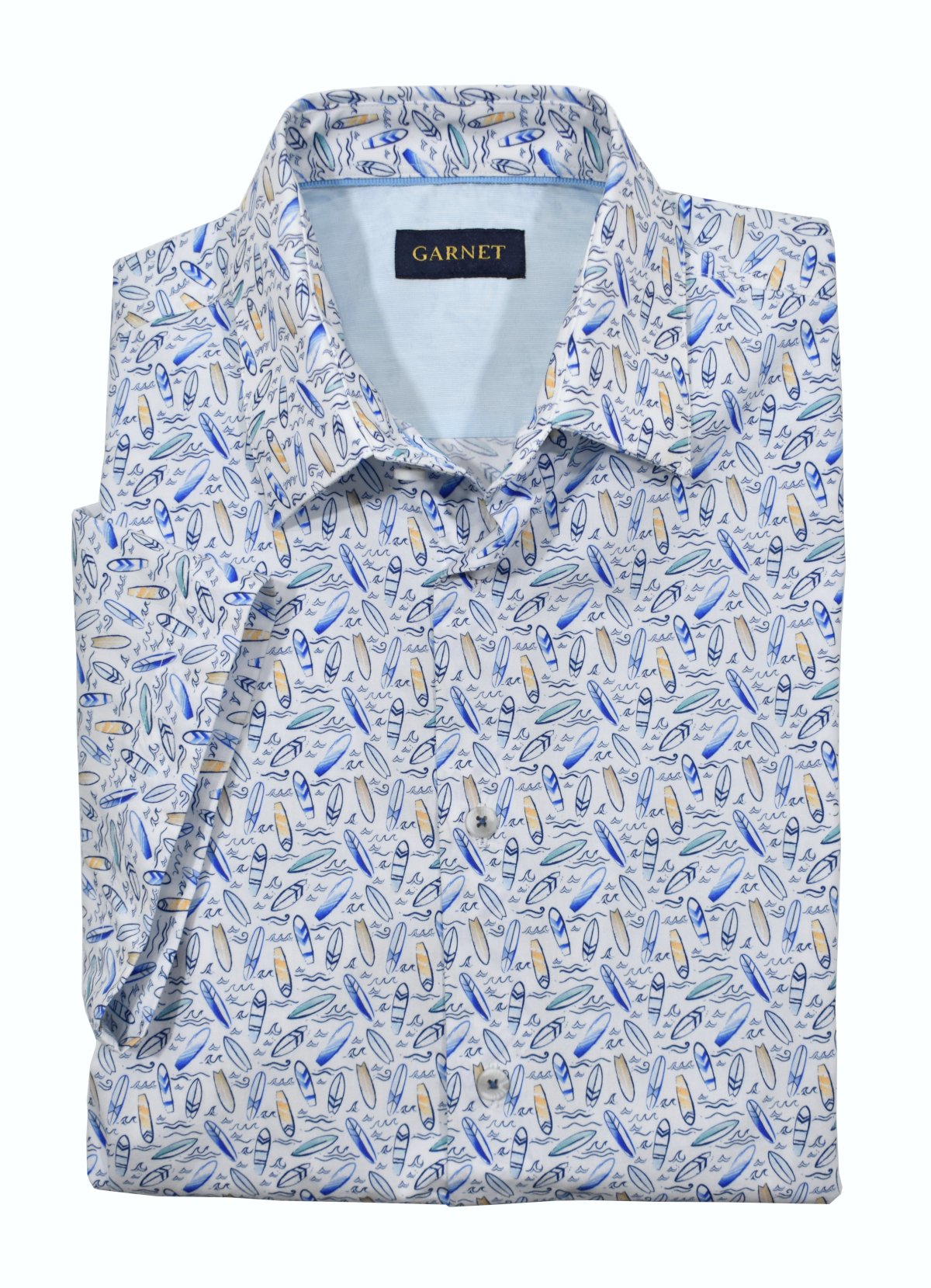 "Ride the wave of style with our ZA10861 Catchin' Waves Shirt! Made from soft cotton sateen, this conversational shirt features a playful print of small surfboards and waves in rich ocean colors. With a tailored collar, trim fabric, and short sleeves, you'll be ready to hit the beach in style. 