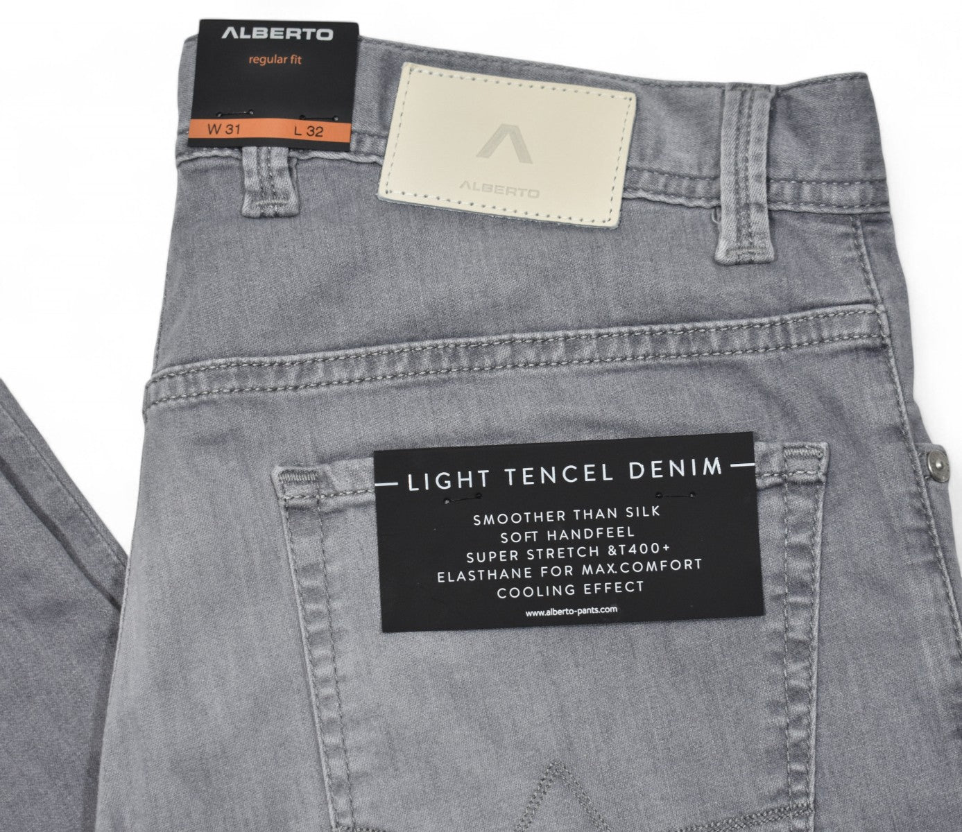 Experience the renowned Alberto fit in our Light Gray Tencel Denim Jean.