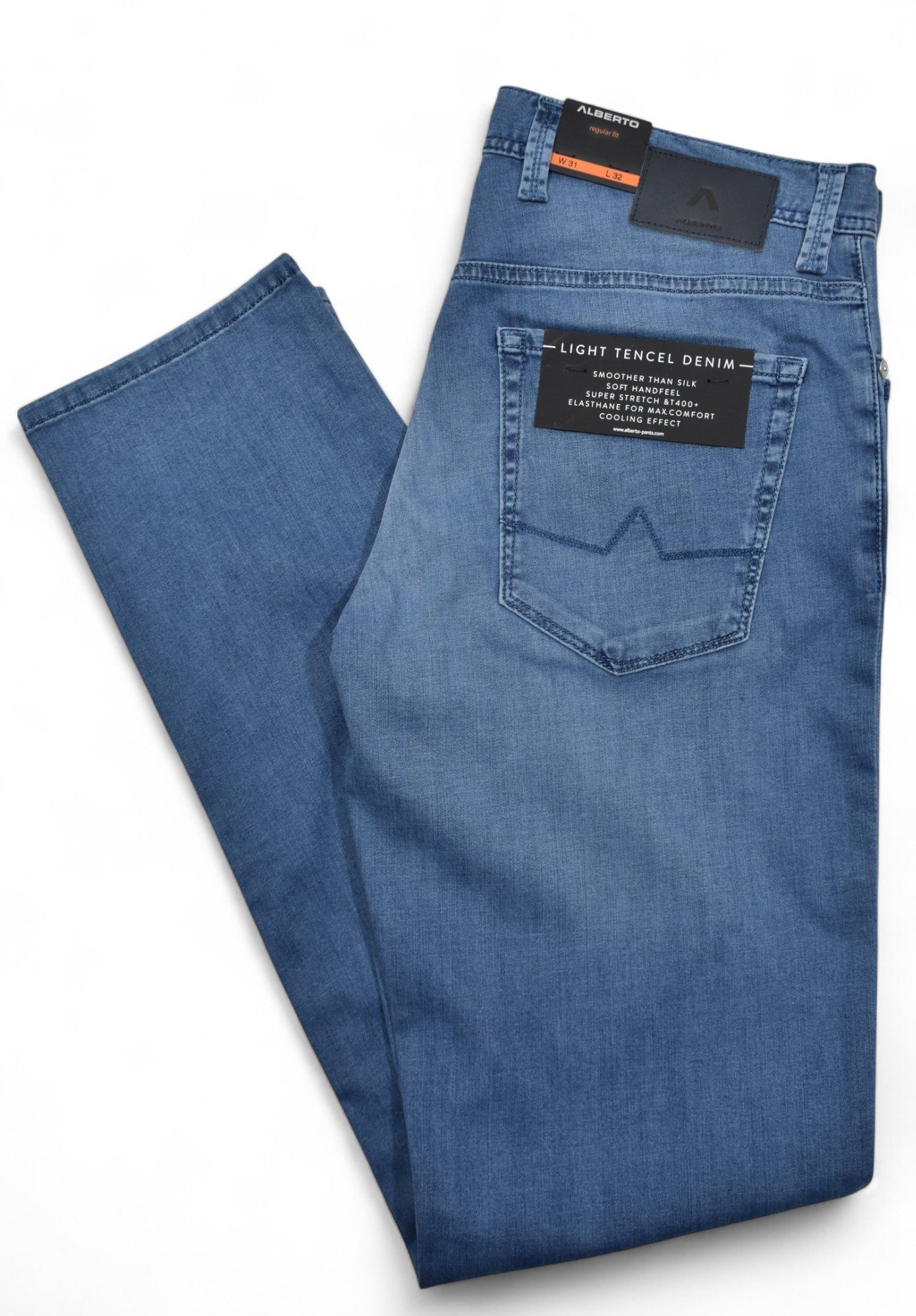 Experience the renowned Alberto fit in our Mid Blue Tencel Denim Jean