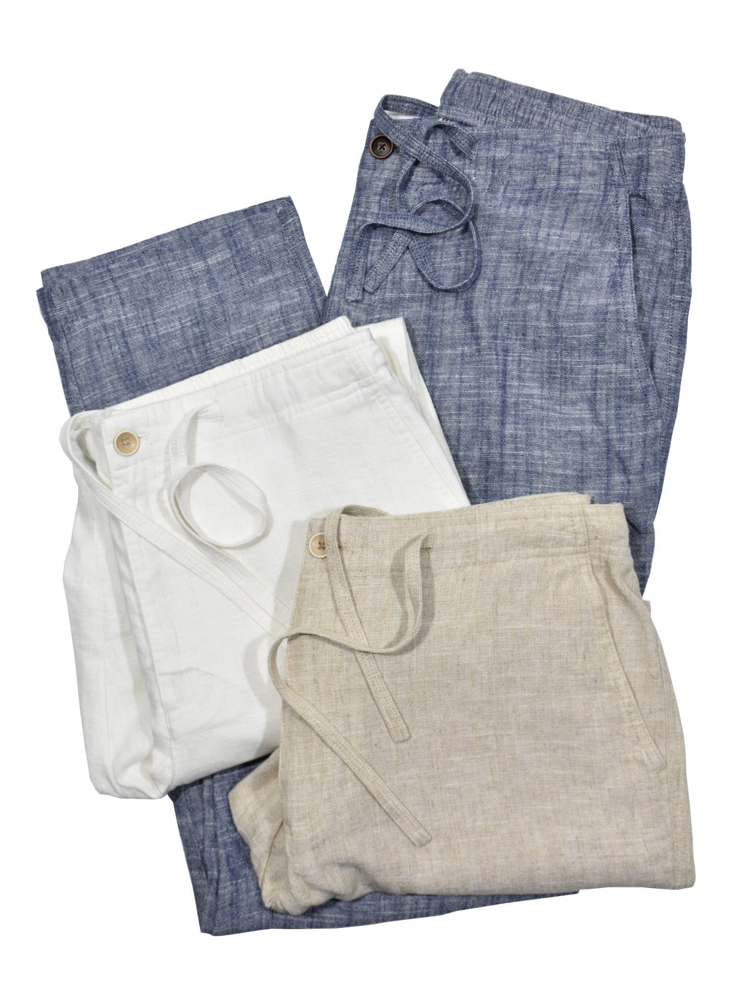 Soft washed 60% pure linen and 40% viscose feels great to the touch and has the characteristic look of linen without the negative attributes. Draw string comfort waist with built in half stretch along the back, side slash pockets and two rear button through pockets.