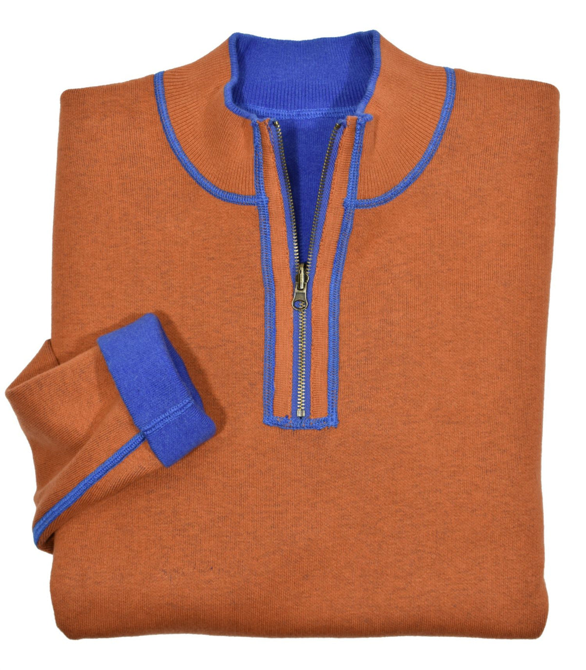 This ZB361 Cotton Cashmere Reversible is crafted from luxurious cotton and cashmere yarns for an exceptionally soft and comfortable feel. Contemporary raised welted seams in a contrast color give this stylish piece a modern edge. Plus, the classic zip mock model, cool open sleeve and open waist make this a timeless and versatile piece!  Reversible Colors:  Royal reverses to Mango  Navy reverses to Hunter