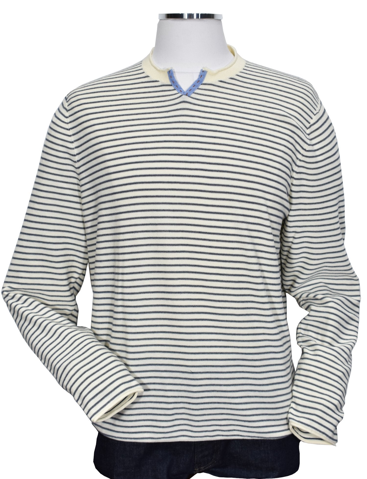 Made from 100% cotton, ZB412 Lauren Cotton Crew is the perfect go-to for any occasion. Its classic ecru knit and navy feed stripe design ensure timeless style, while its open sleeves and bottom, along with a modified v neck detail, ensures a comfortable and classic fit. Look great while keeping comfortable! by Marcello