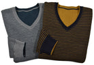 Experience versatility and style with a Cotton Cashmere Reversible sweater. Made with a  luxurious cotton and cashmere blend, this v neck sweater features solid color on one side and classic stripes on the reverse. Detailed with welted seam stitching for a modern touch. Stay cool and fashionable in any setting.