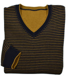 Experience versatility and style with a Cotton Cashmere Reversible sweater. Made with a  luxurious cotton and cashmere blend, this v neck sweater features solid color on one side and classic stripes on the reverse. Detailed with welted seam stitching for a modern touch. Stay cool and fashionable in any setting.