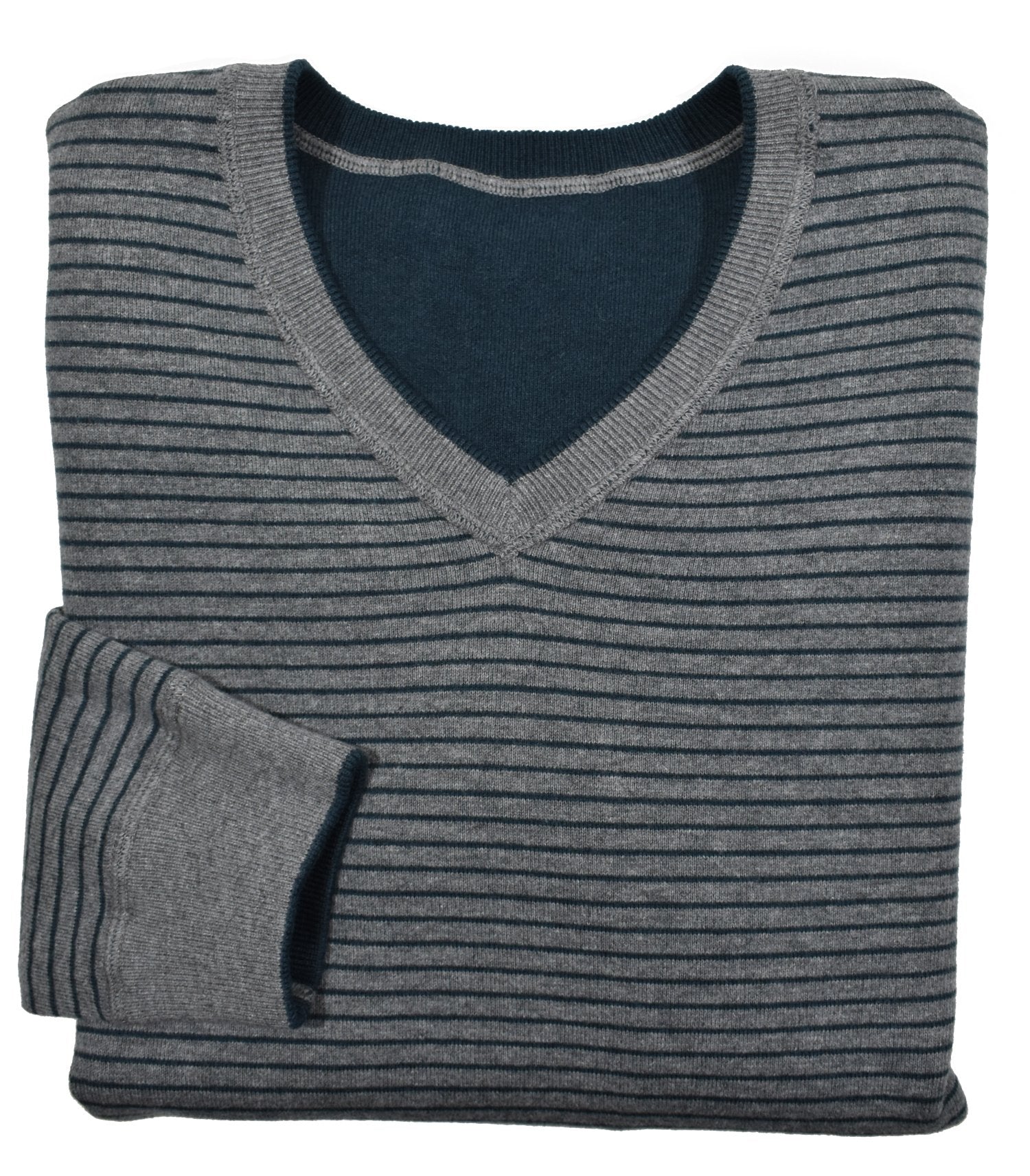 Experience versatility and style with a Cotton Cashmere Reversible sweater. Made with a  luxurious cotton and cashmere blend, this v neck sweater features solid color on one side and classic stripes on the reverse. Detailed with welted seam stitching for a modern touch. Stay cool and fashionable in any setting.