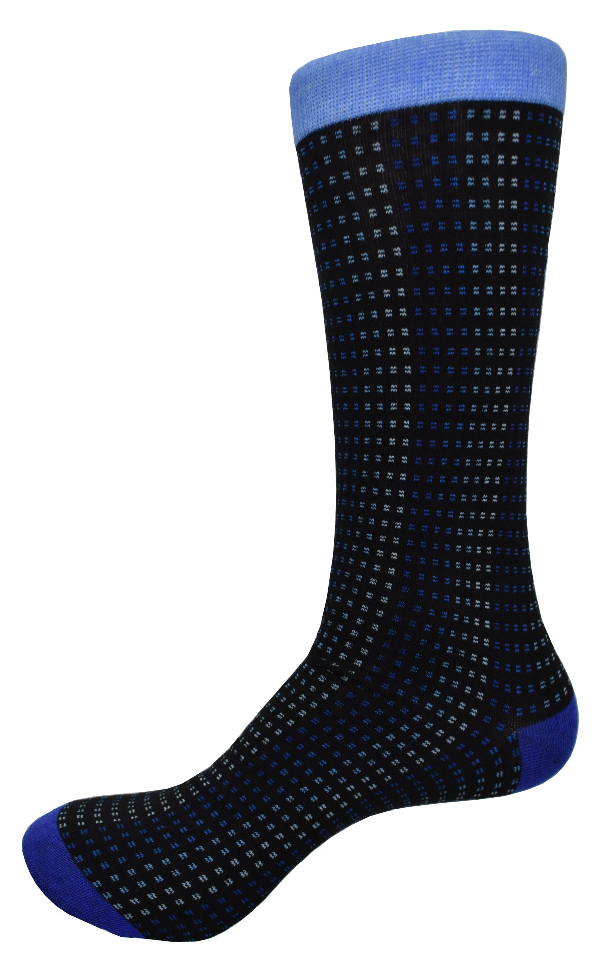Marcello ZJ340 Sky socks - a classic calf height sock with sky blue edges and graduated dots in soft sky and gray tones. Made with soft cotton and a touch of lycra, these socks provide both style and comfort for your everyday wear. Elevate your wardrobe with these must-have socks.