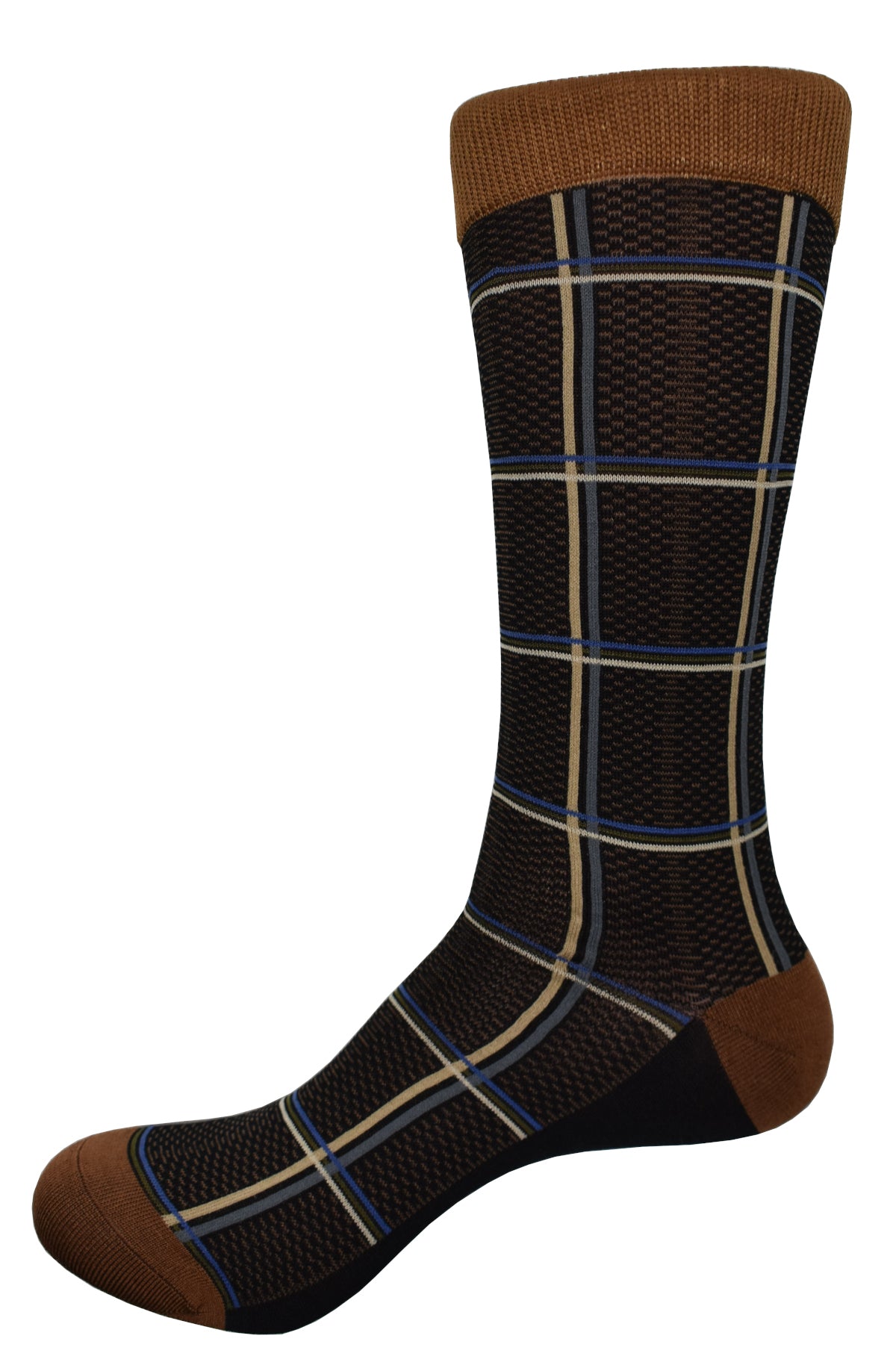 Elevate your sock game with Marcello's ZJ7239 Chocolate socks. Rich and elegant with a fashion window pane pattern, these socks add texture and sophistication to any outfit. The mix of tan, camel, and royal over a black ground takes your sock collection to the next level.