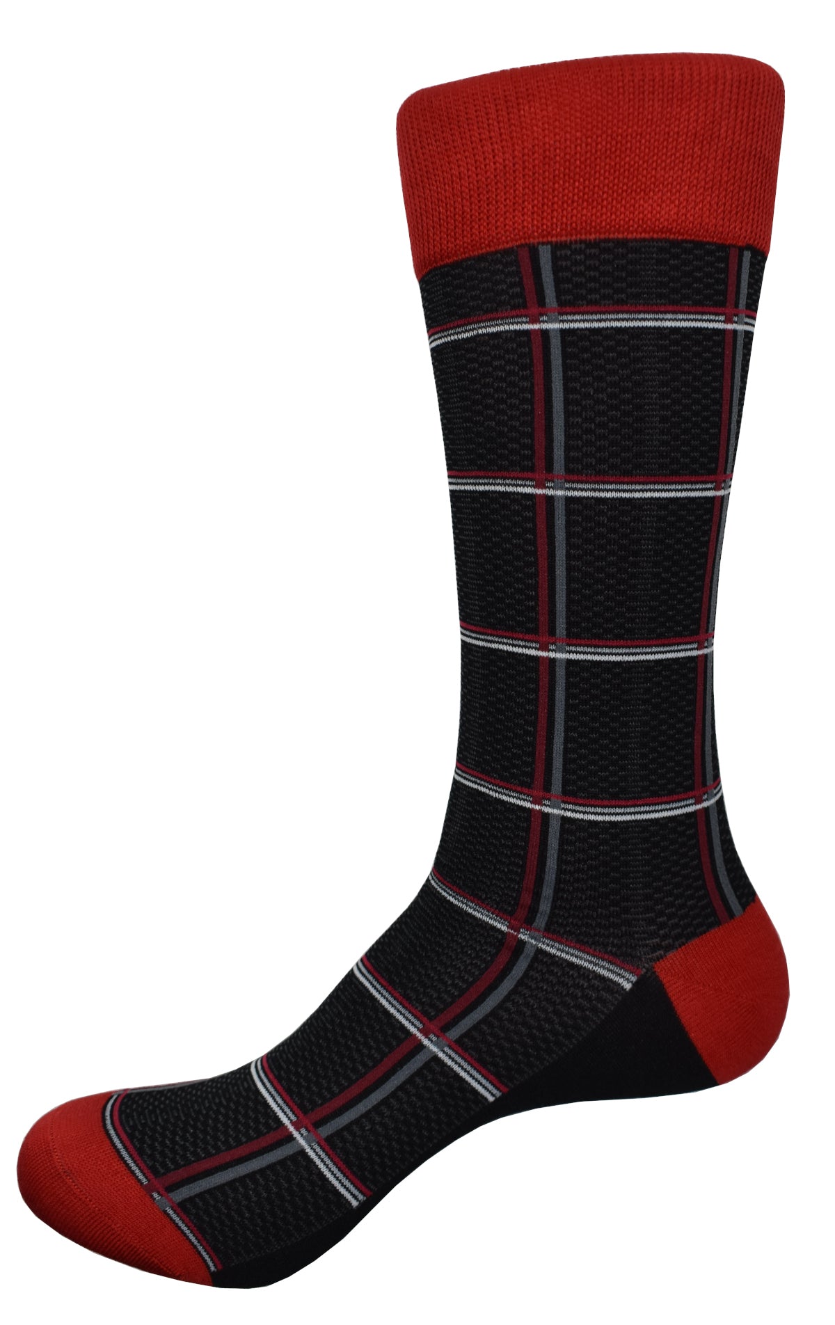 Elevate your sock game with Marcello's ZJ7239 Red socks. Rich and elegant with a fashion window pane pattern, these socks add texture and sophistication to any outfit. The mix of silver, gray and red over a black ground takes your sock collection to the next level.