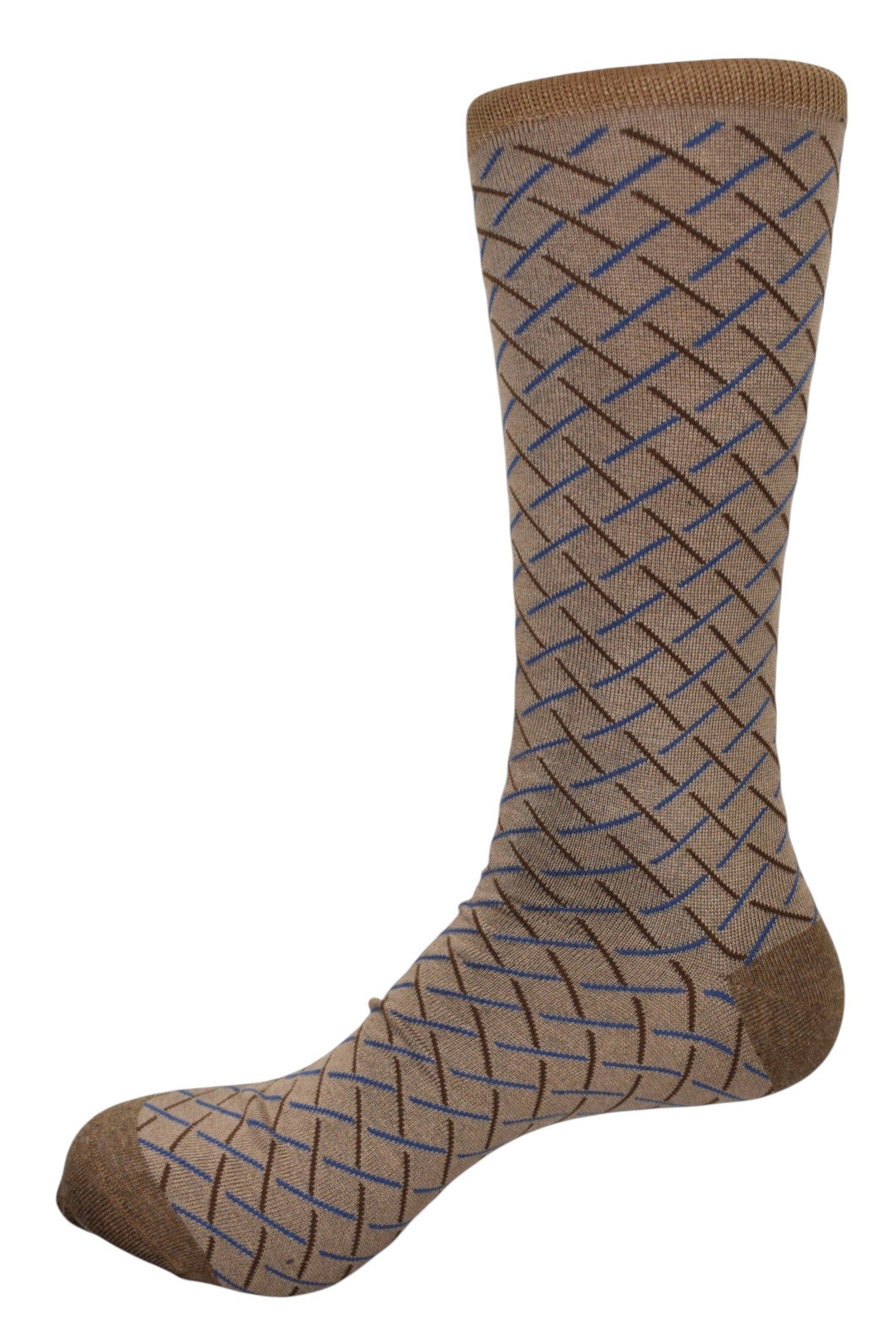 Marcello tan socks with diagonal pattern.