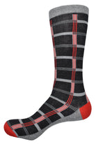 These high-quality ZJ8063 Racetrack Windowpane Socks add a modern twist to your outfit. Crafted from a solid black, mercerized cotton fabric with a bold red and gray windowpane pattern, these socks will elevate any look. Marcello Socks.