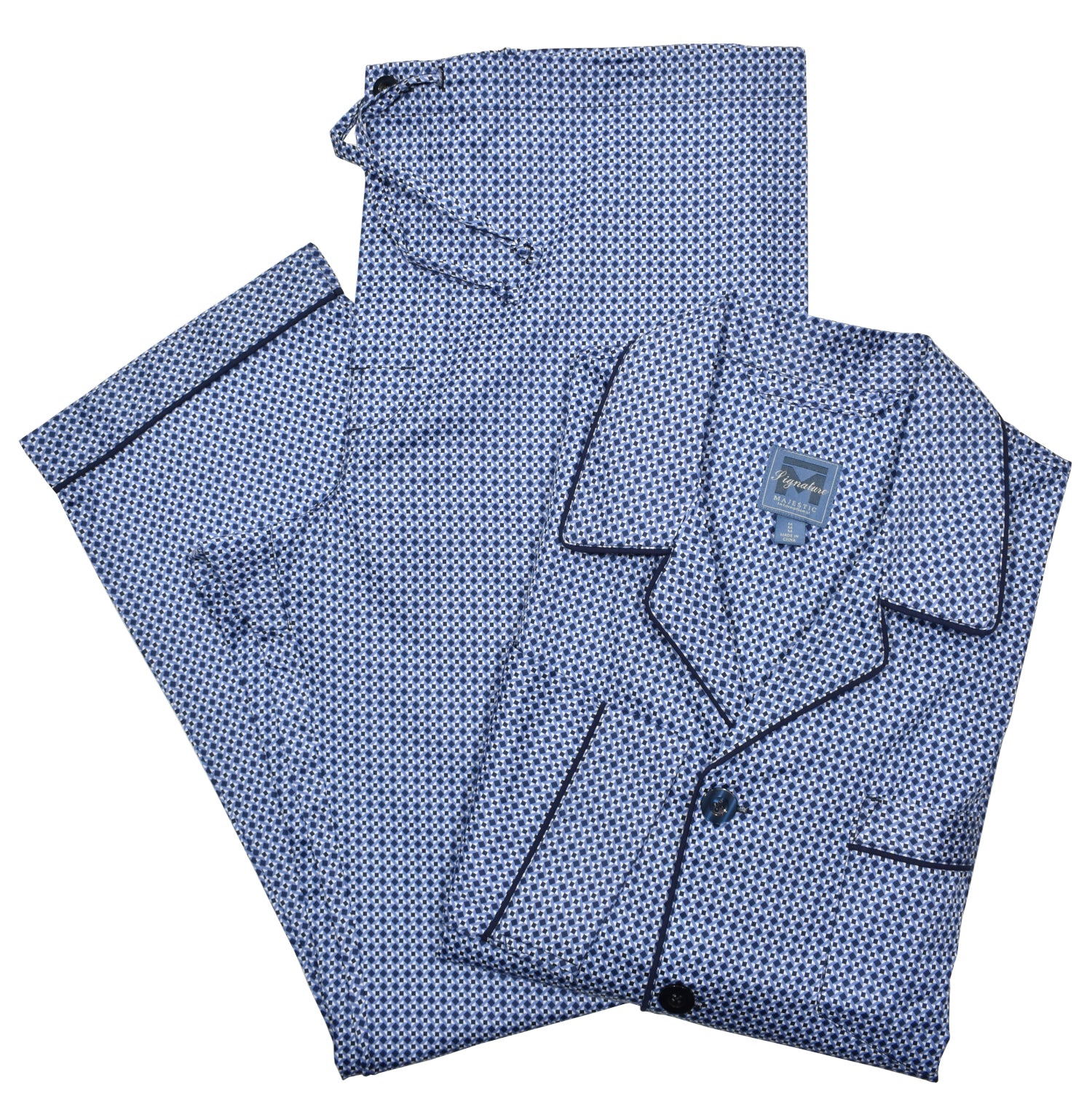 Majestic rich navy and medium blue pattern on soft cotton in a classic pajama model. Pajama by Marcello.