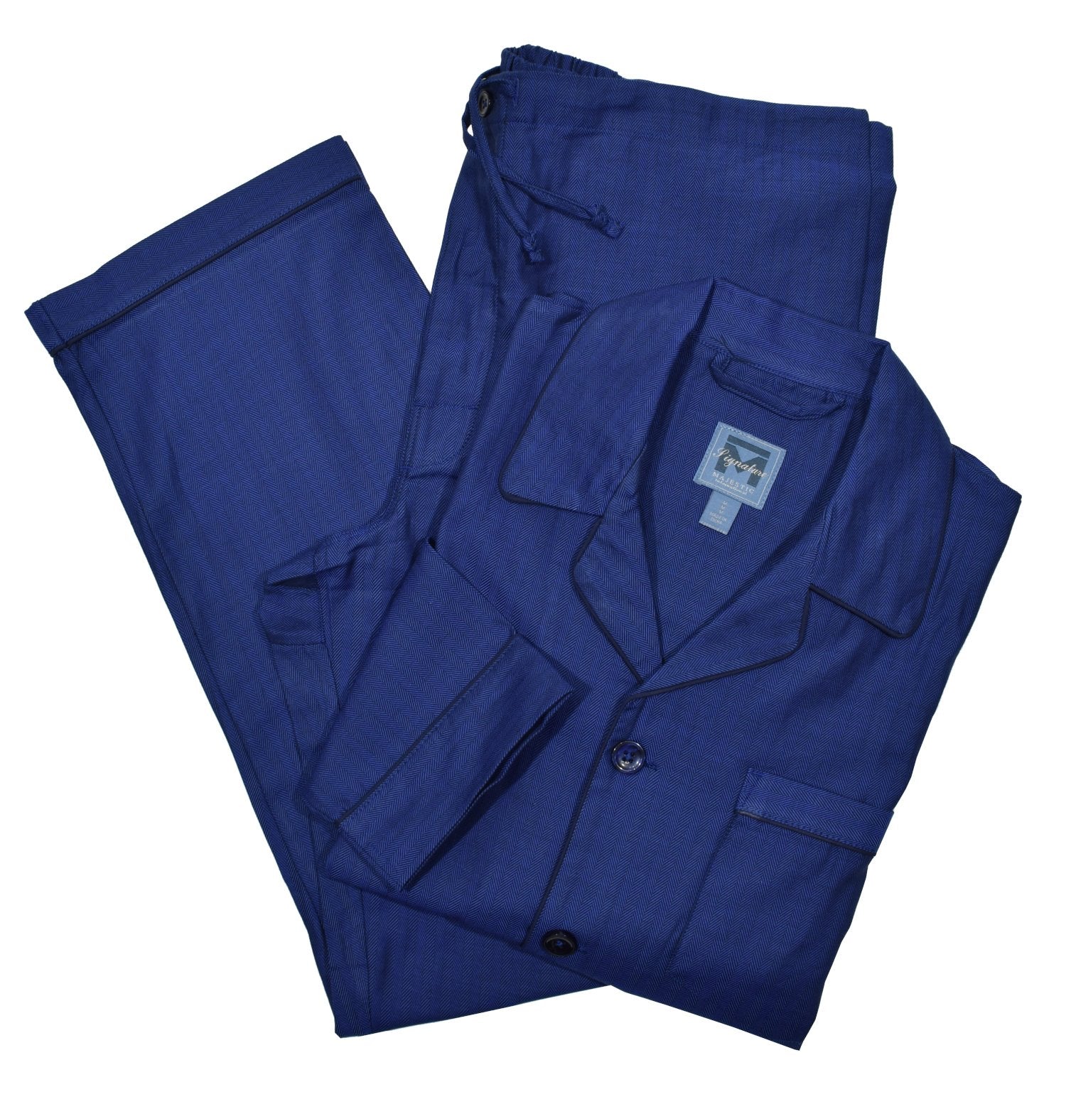 For the customer looking for luxury extended to the bedroom, we offer an 80’s 2-ply cotton pajama. The herringbone design provides subtle texture and elegance to a basic pajama. This pajama features a coat front top and breast pocket. Pant is 1/2 elastic back with drawstring front, 2 button fly and balloon seat. 100% cotton.