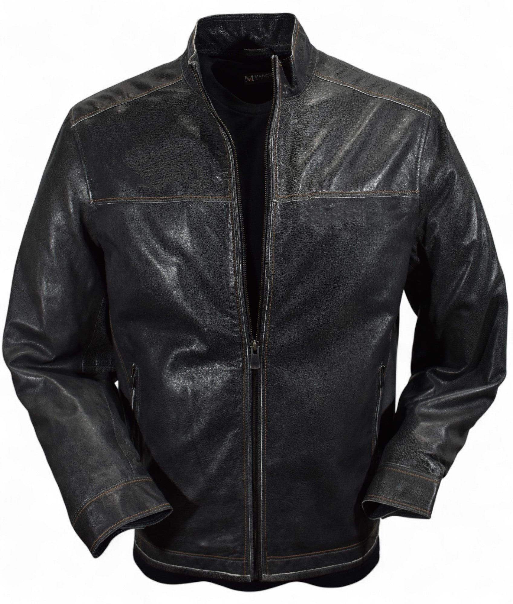 Marcello soft pebble grain leather bomber with contrast stitching in blue or black.