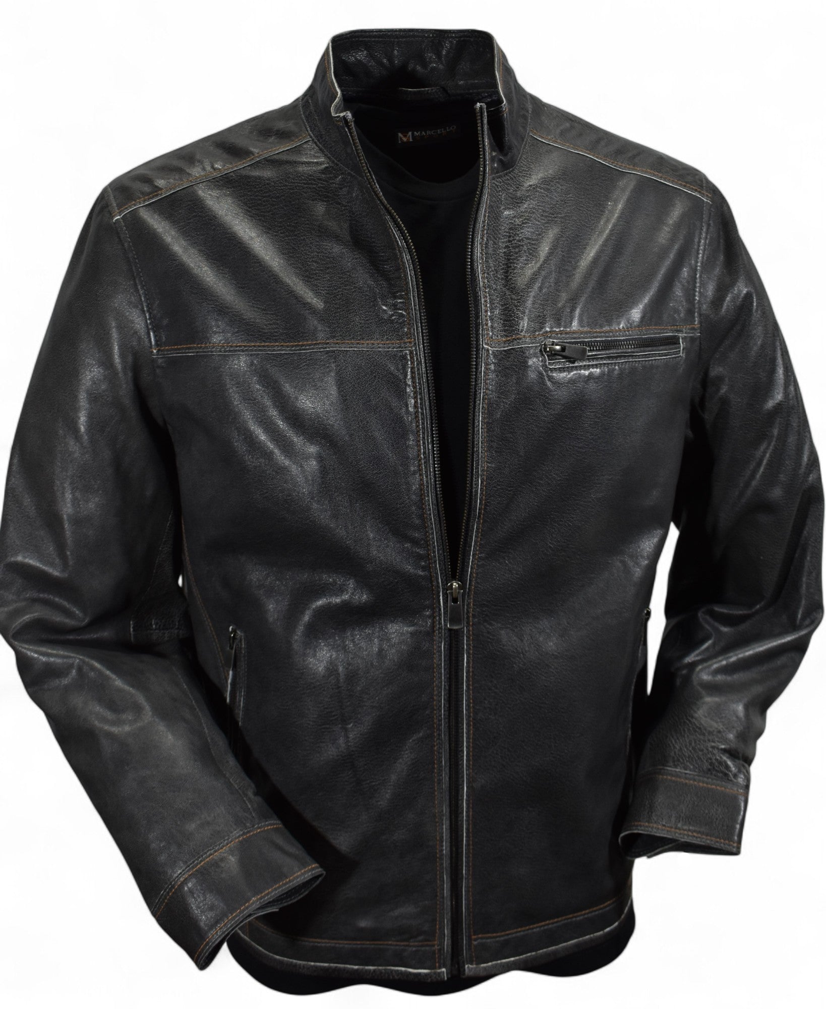 Marcello soft pebble grain leather bomber with contrast stitching in blue or black.