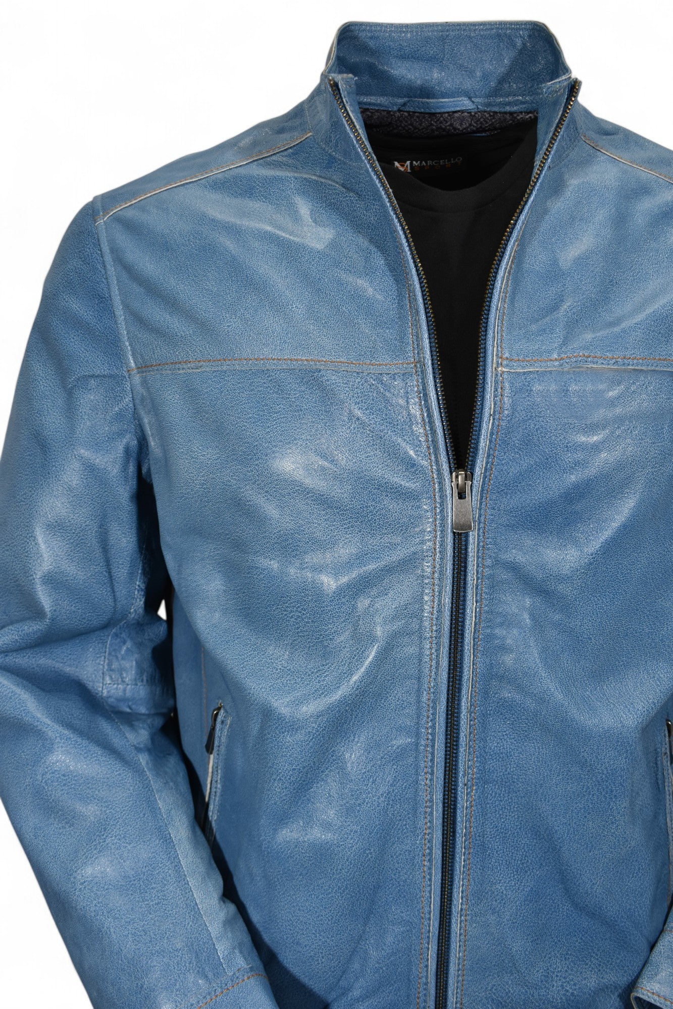 Marcello soft pebble grain leather bomber with contrast stitching in blue or black.