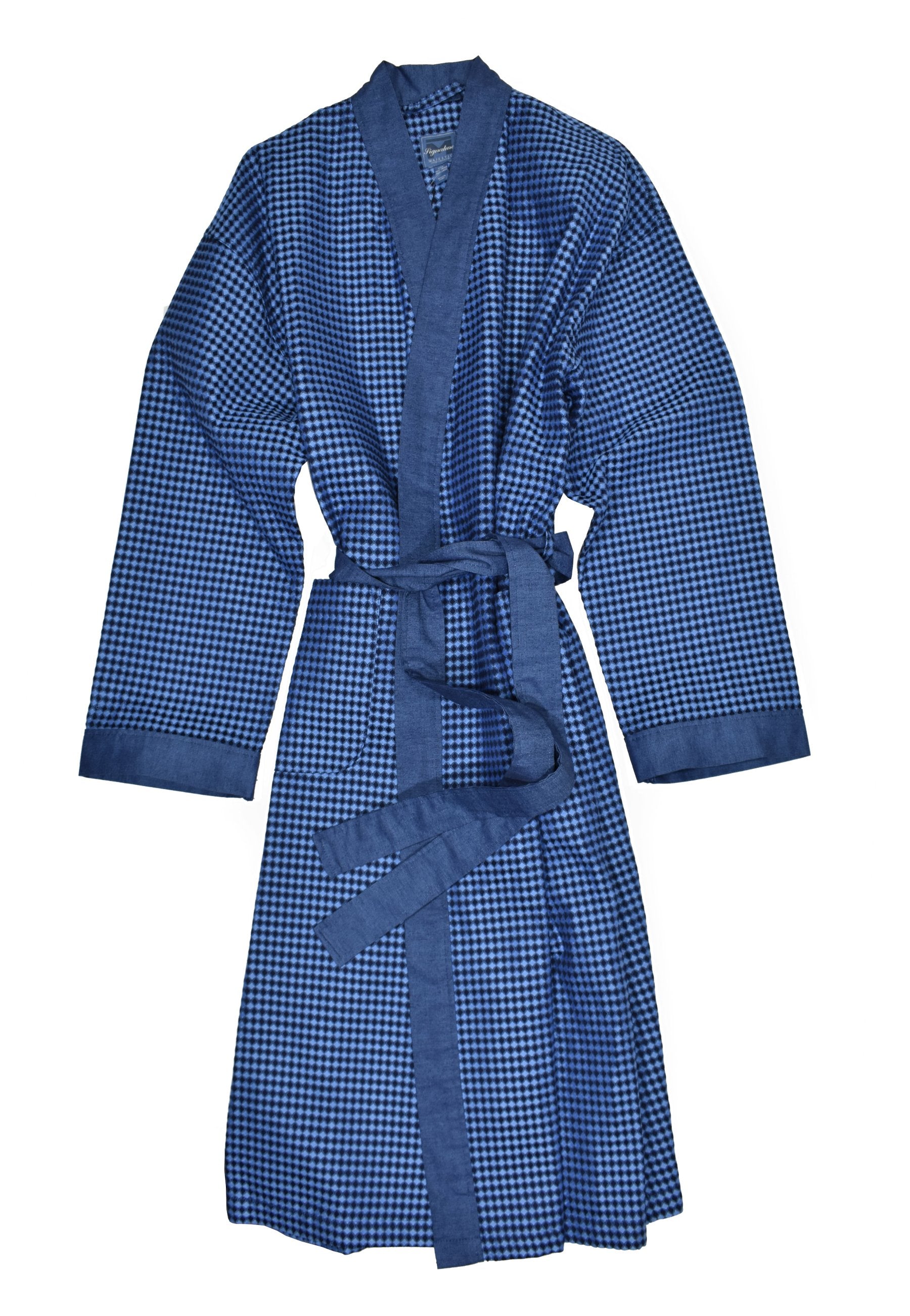 Treat yourself to a luxurious piece of nightwear with the Majestic Diamond Weave Robe. This elegant cotton blended robe features a diamond weave design mixing blue and navy with solid navy trim edges. It has classic styling with two pockets, a belt closure, and light to medium weight fabric, allowing you to enjoy an unfiltered sense of style and comfort. Indulge and upgrade your wardrobe with this exclusive and tasteful piece.