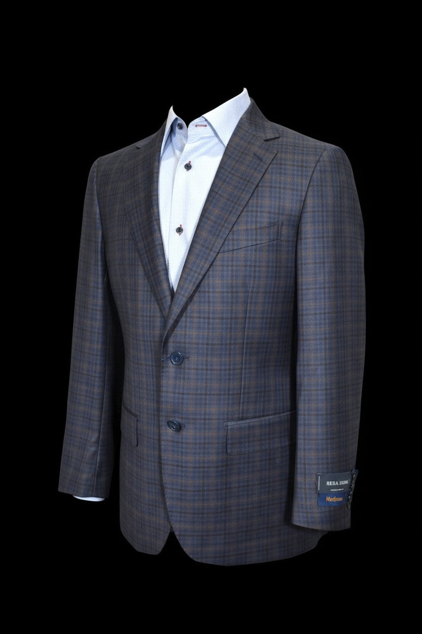 Max Davoli modern fit sport coat. Rich plaid mixing medium blue, gray with a windowpane in charcoal and camel.