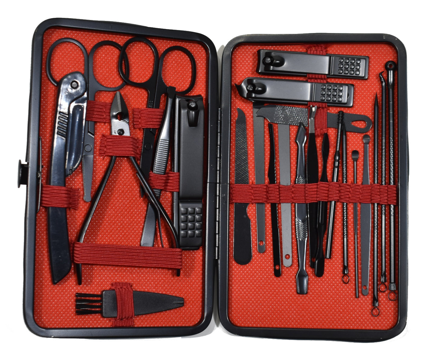 Introducing the Men's Manicure & Facial Set - the perfect travel companion for the modern man. Complete with nail clippers, files, scissors, and utensils for facial grooming, this set is a must-have for any man on-the-go. Treat yourself or give the gift of self-care.