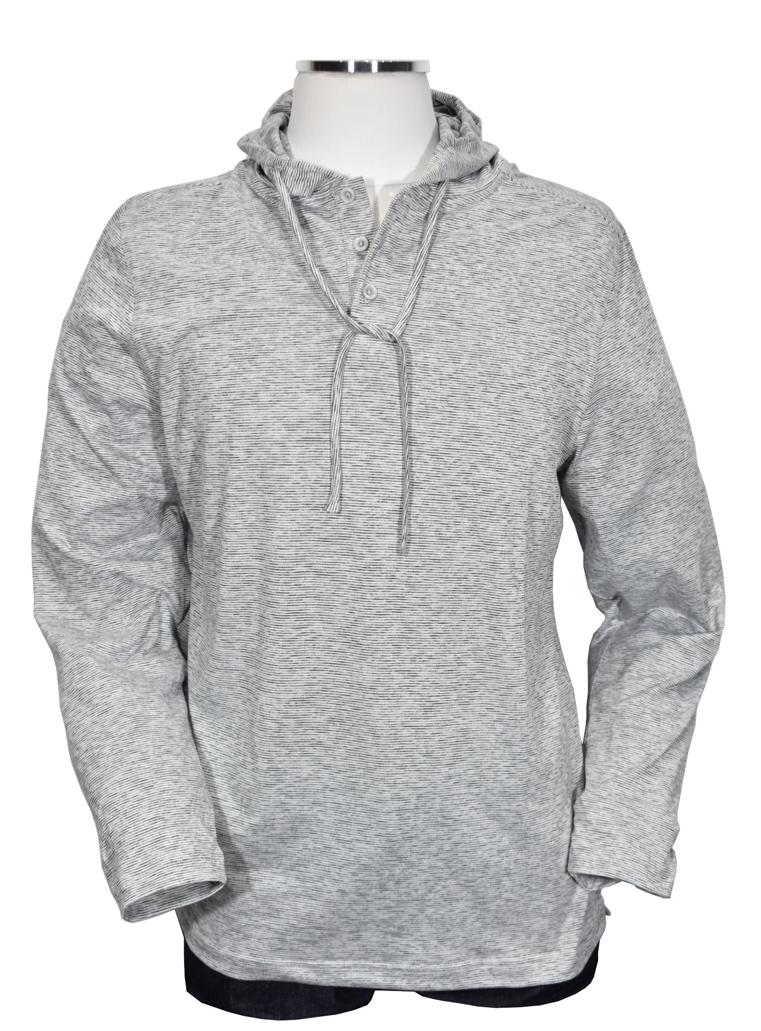 This classic fit feed stripe hoodie offers a contemporary style in a lightweight fabric with a soft, silky feel. The open sleeve and open bottom provide added mobility for all-day comfort. Available in gray or blue, it is the perfect hoodie for any occasion.  Classic fit.  Open sleeve and open bottom, super soft and a little heavier than a tee shirt.