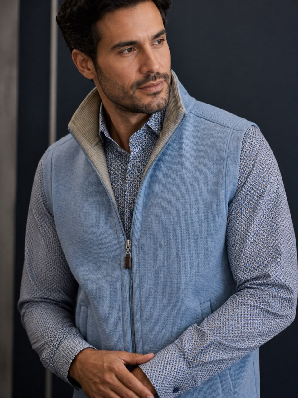 Blue reverses to taupe zip vest by Marcello