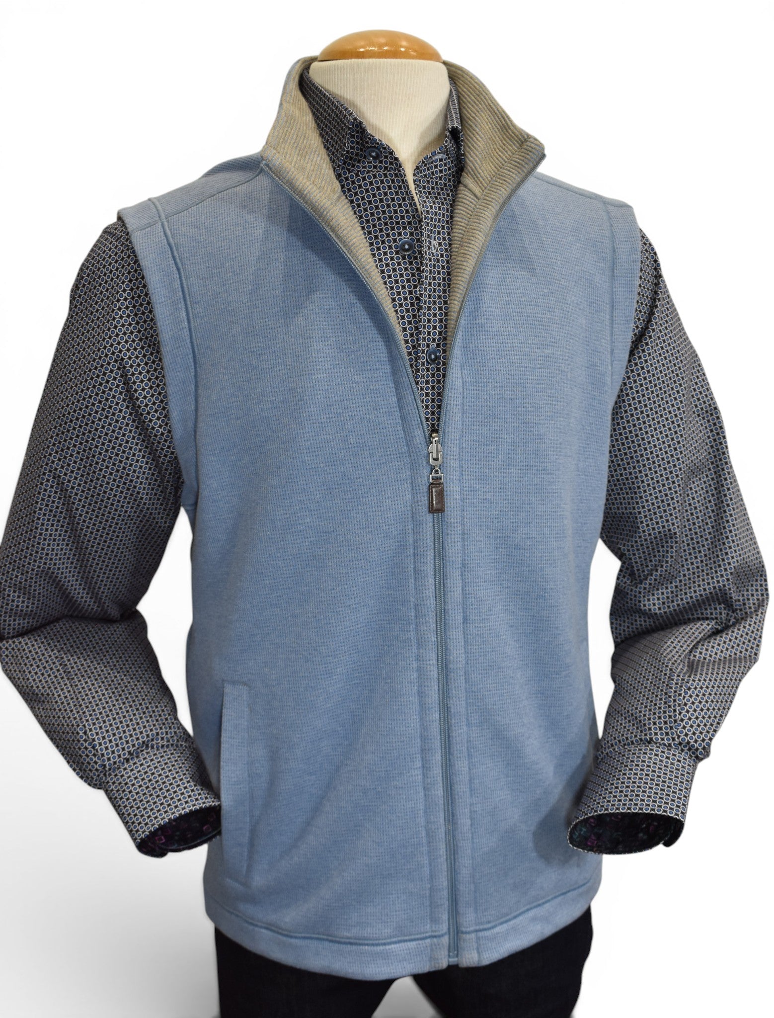 Blue reverses to taupe zip vest by Marcello