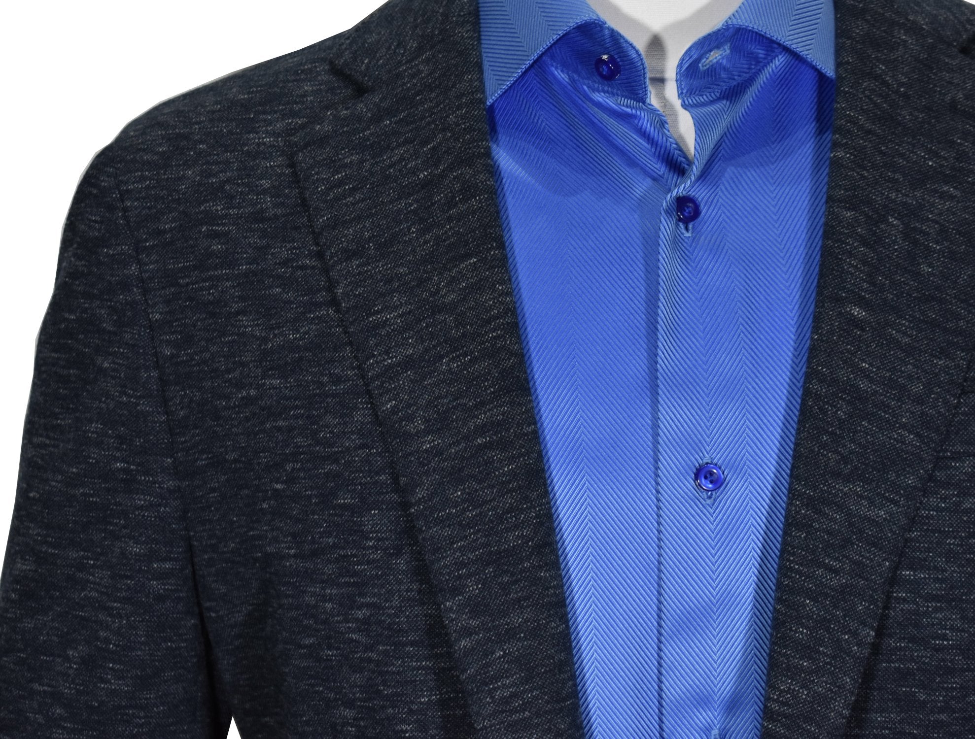 This Marcello Slate Knit Sport Coat is made with a soft knit effect in a rich navy and gray mixed yarn. The result is a cool and stylish look that pairs well with jeans or pants. Perfect for a slim to medium build, this sport coat is modern and versatile, making it a great addition to any wardrobe.