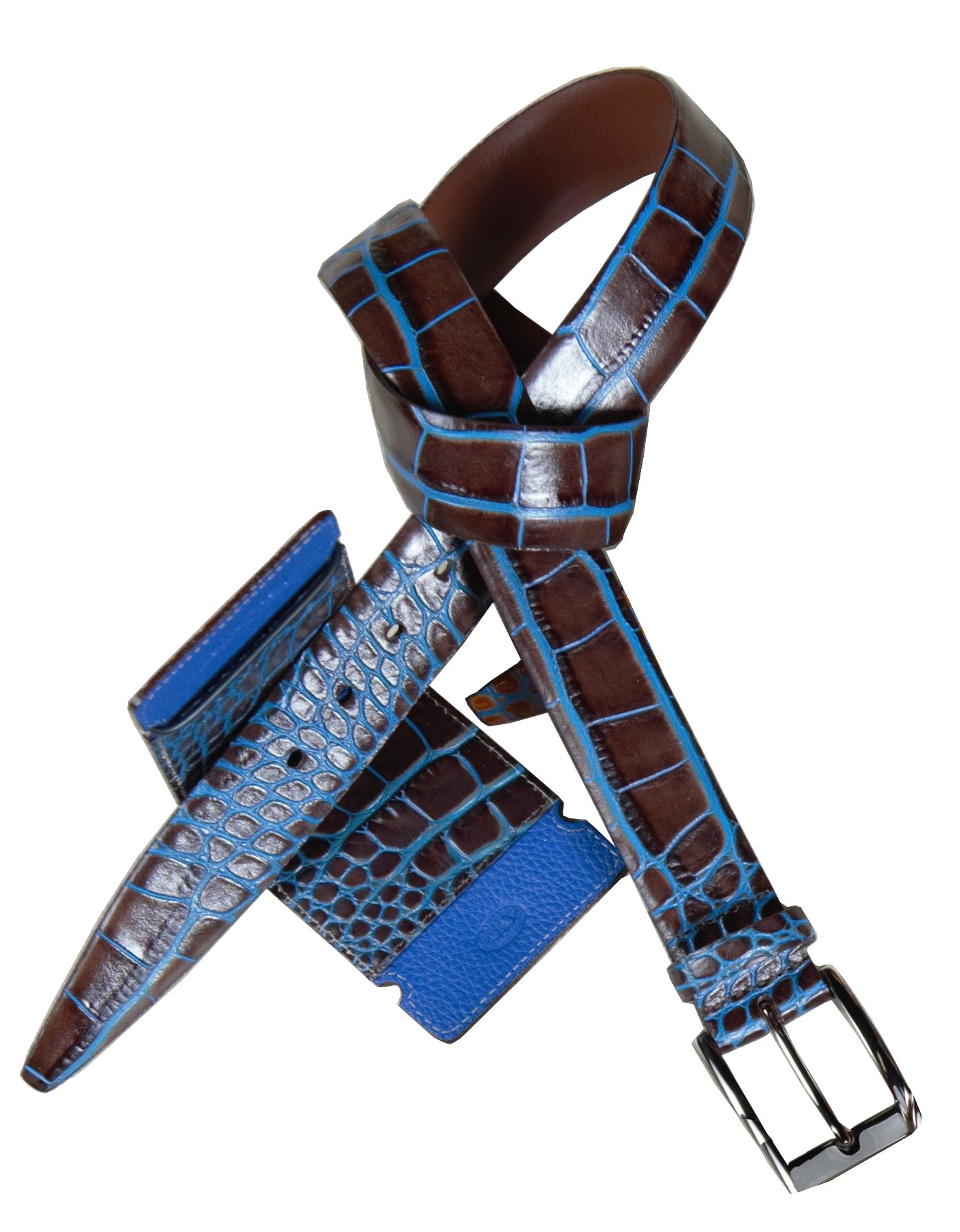 Elevate your game with the ZT52906W Chocolate-Teal Bill Fold. Crafted from luxurious crocodile embossed calf skin and lined with pebble grain leather, this wallet exudes a rich and sophisticated style. Perfect for those on the go, it offers practicality and high-end fashion in one sleek package.