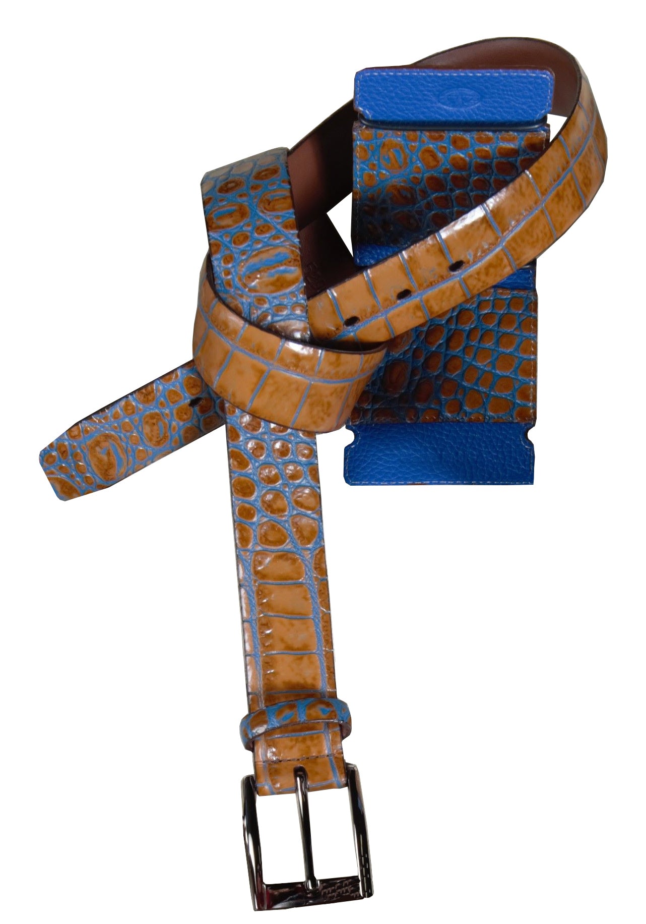 Crafted with impeccable attention to detail, the ZT52903 Italian Embossed Croc Cognac with Royal belt exudes sophistication and elegance. Crafted with soft Italian calf leather in a rich cognac hue, it has been stained with a teal blue technique for an unforgettable statement tone. Statement silver buckle and a 35mm or 1 7/16" width is the final nuance of this timeless accessory, perfect with any cool jeans. Assembled in the USA for a superior finish.