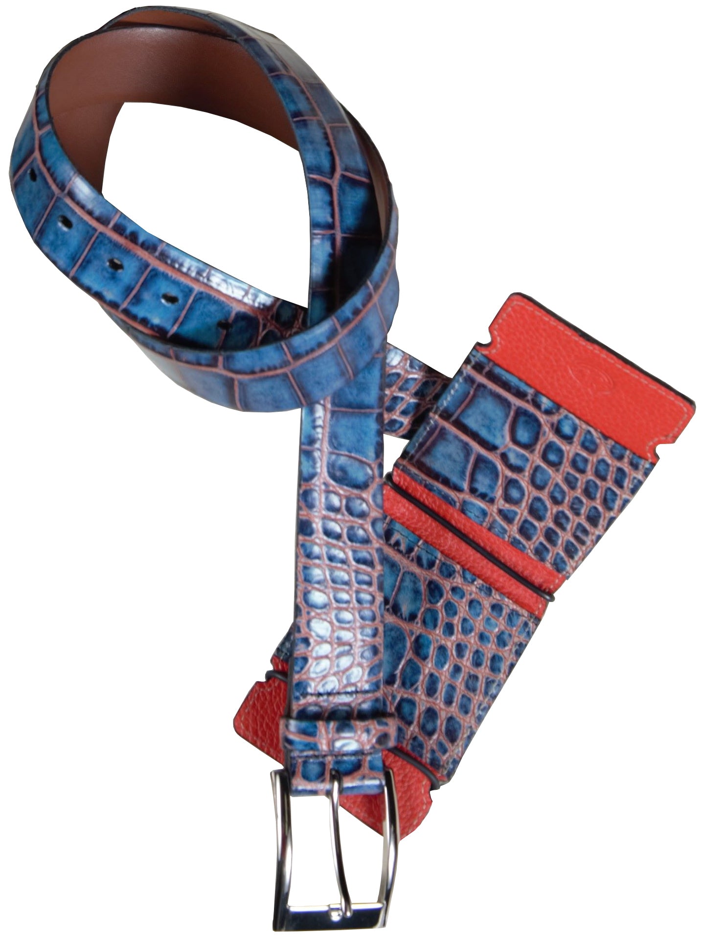 Elevate your game with the ZT52907W Indigo-Red Bill Fold. Crafted from luxurious crocodile embossed calf skin and lined with pebble grain leather, this wallet exudes a rich and sophisticated style. Perfect for those on the go, it offers practicality and high-end fashion in one sleek package.