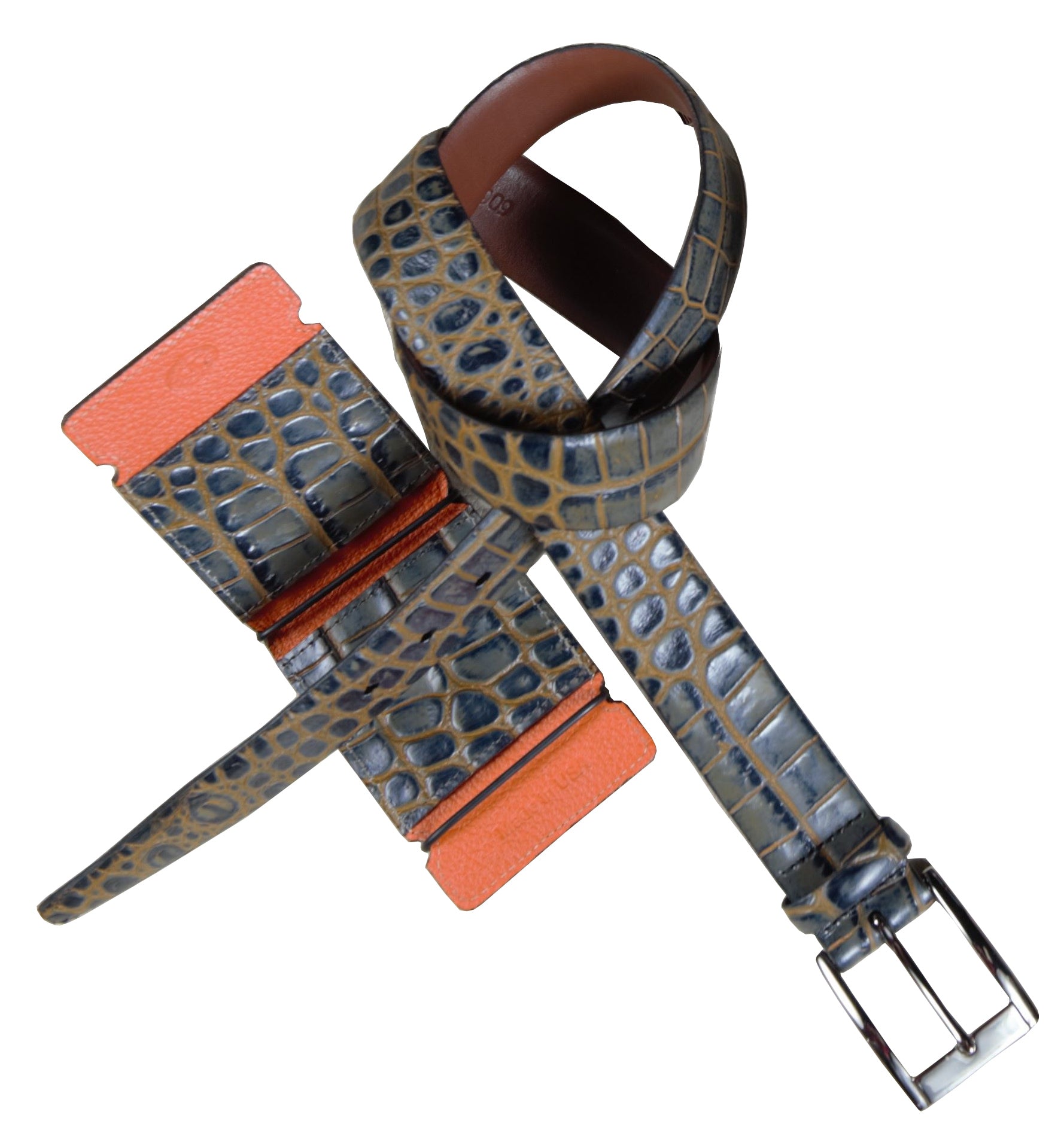 Elevate your game with the ZT52908W Slate-Mocha Bill Fold. Crafted from luxurious crocodile embossed calf skin and lined with pebble grain leather, this wallet exudes a rich and sophisticated style. Perfect for those on the go, it offers practicality and high-end fashion in one sleek package.