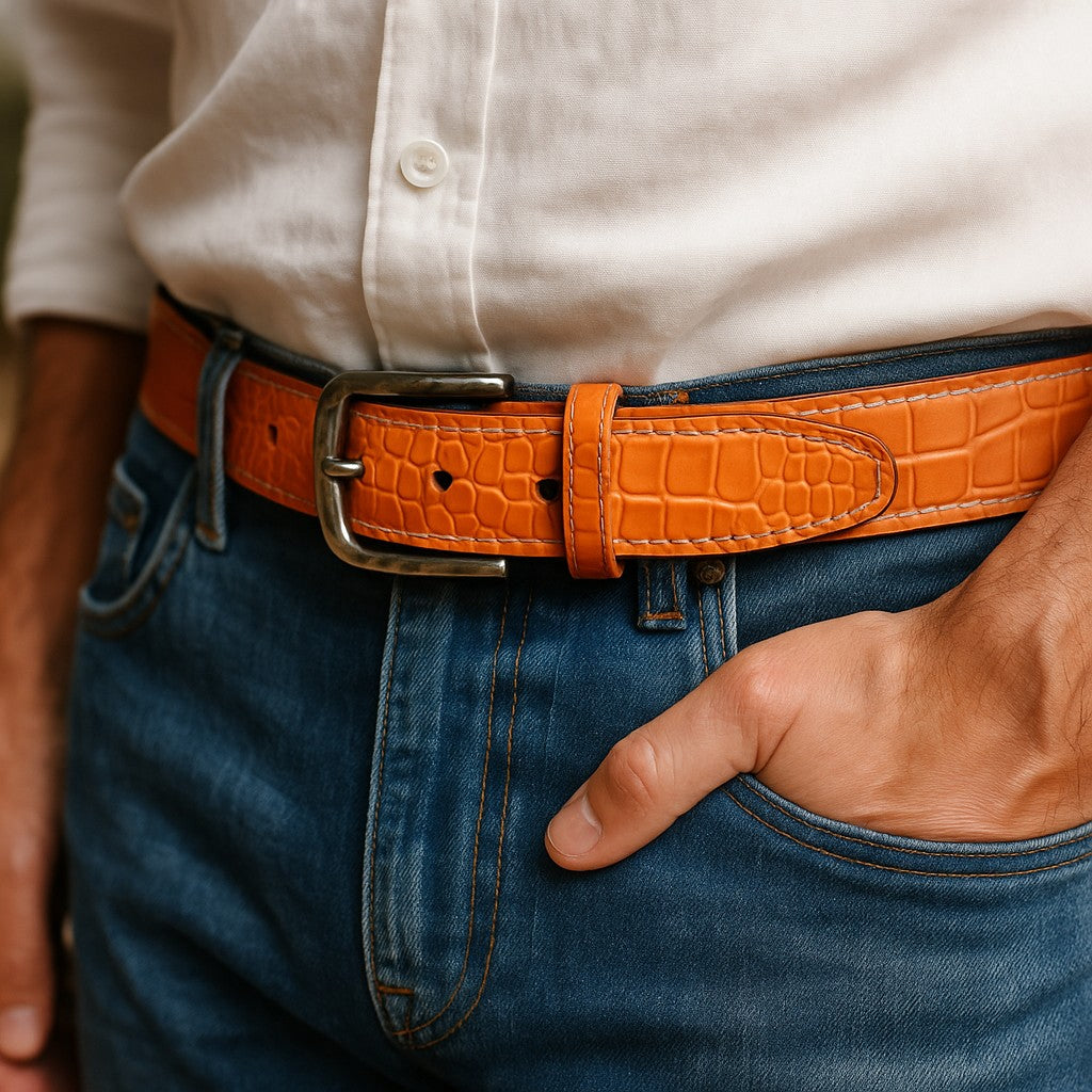Elevate your style with our luxurious Italian gator embossed calfskin belt in vibrant orange. Meticulously crafted in the USA