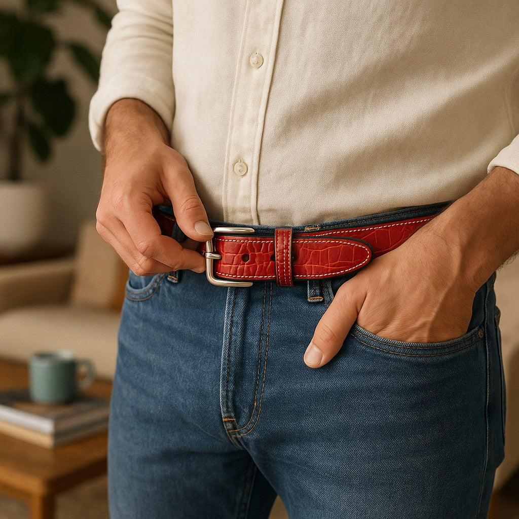 Elevate your style with our luxurious Italian gator embossed calfskin belt in distinctive red. Meticulously crafted in the USA