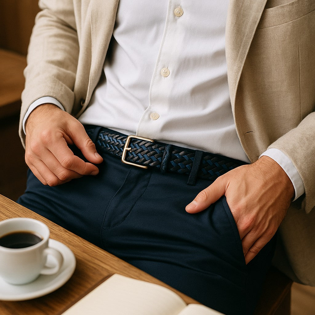 Italian leather and cotton woven in a tall chevron pattern in sharp blue, black and navy colors.