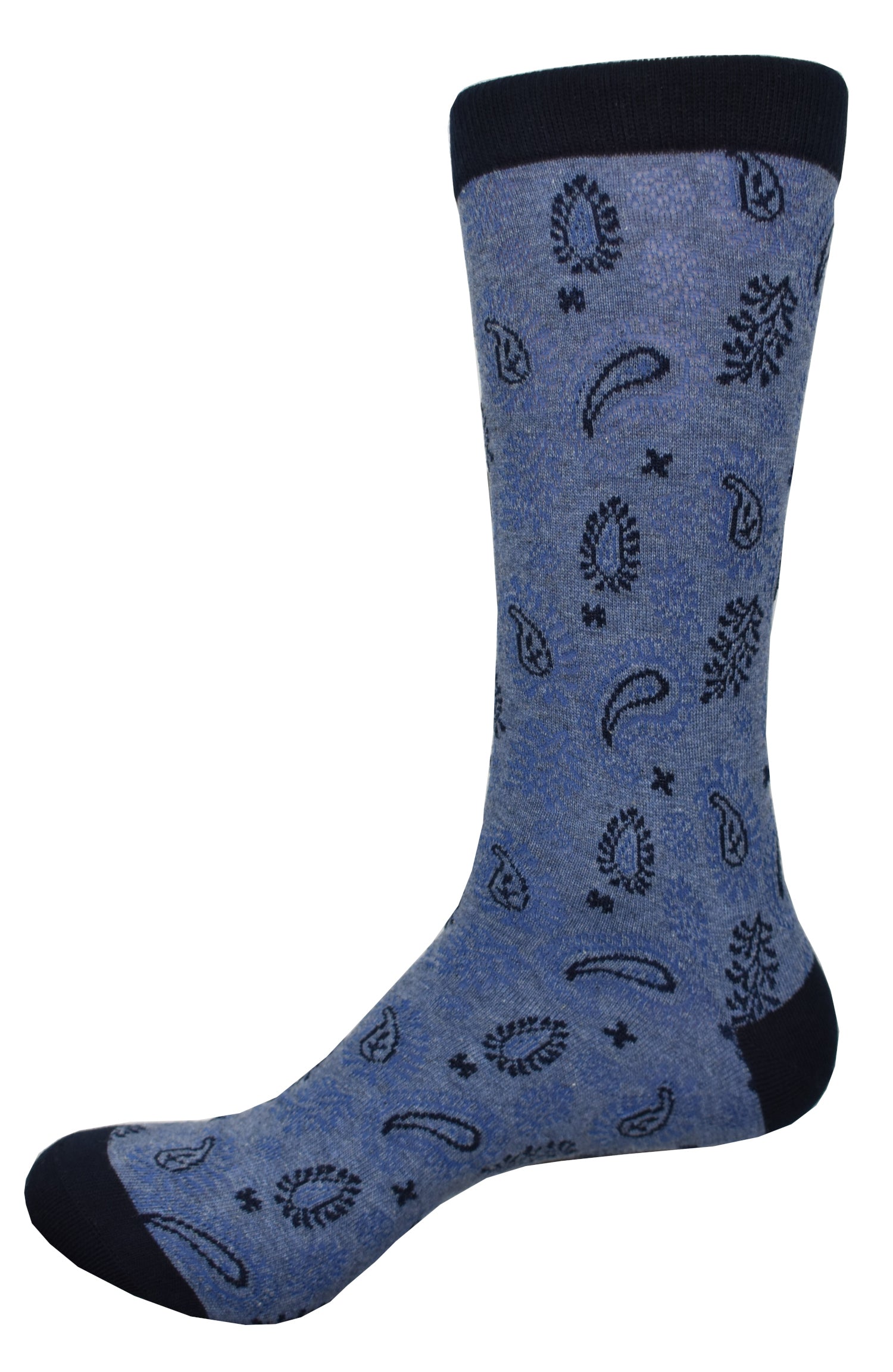 Classic denim base color with floating navy paisleys to create a fashion statement that is cool yet understated. Mercerized cotton with a touch of lycra for a soft comfort fit and feel. Marcello indigo socks with navy paisely.