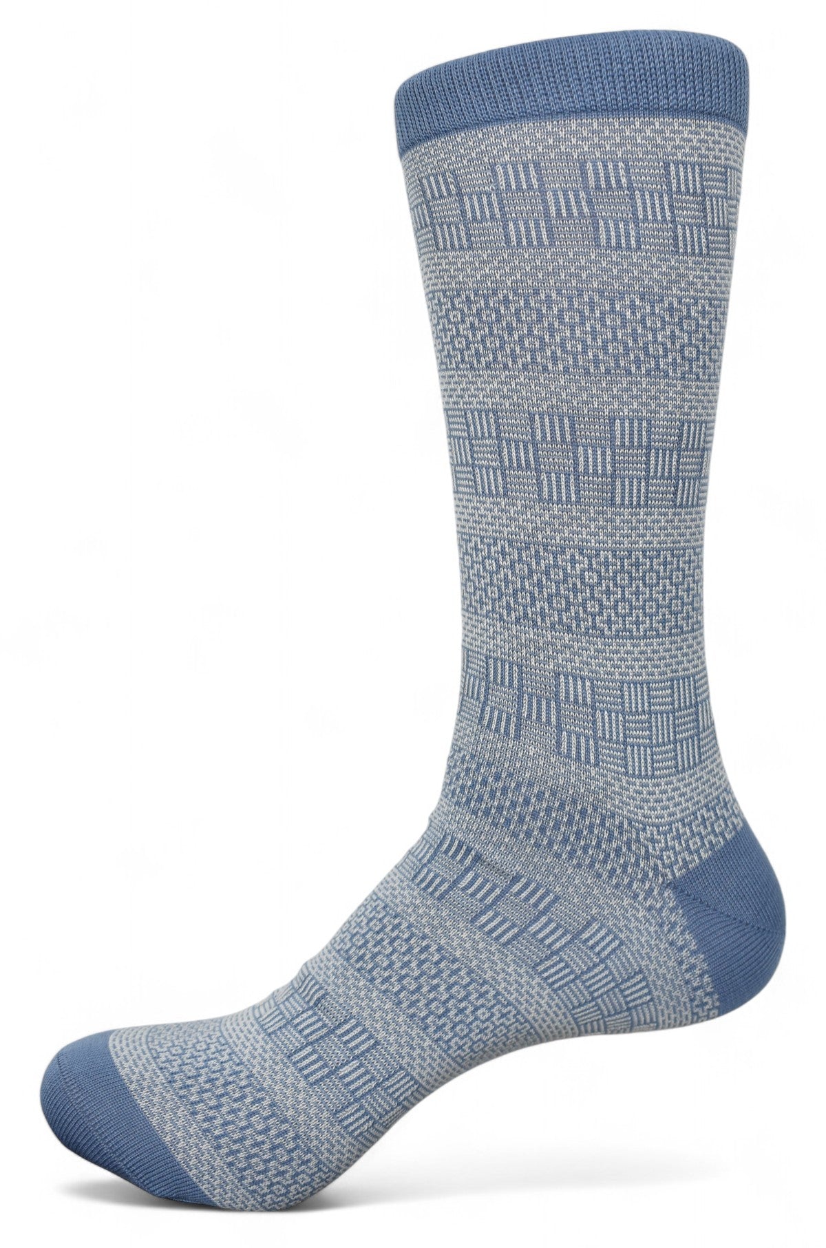Cool sock in off white and medium blue coloration featuring a horizontal alternating geometric pattern.
