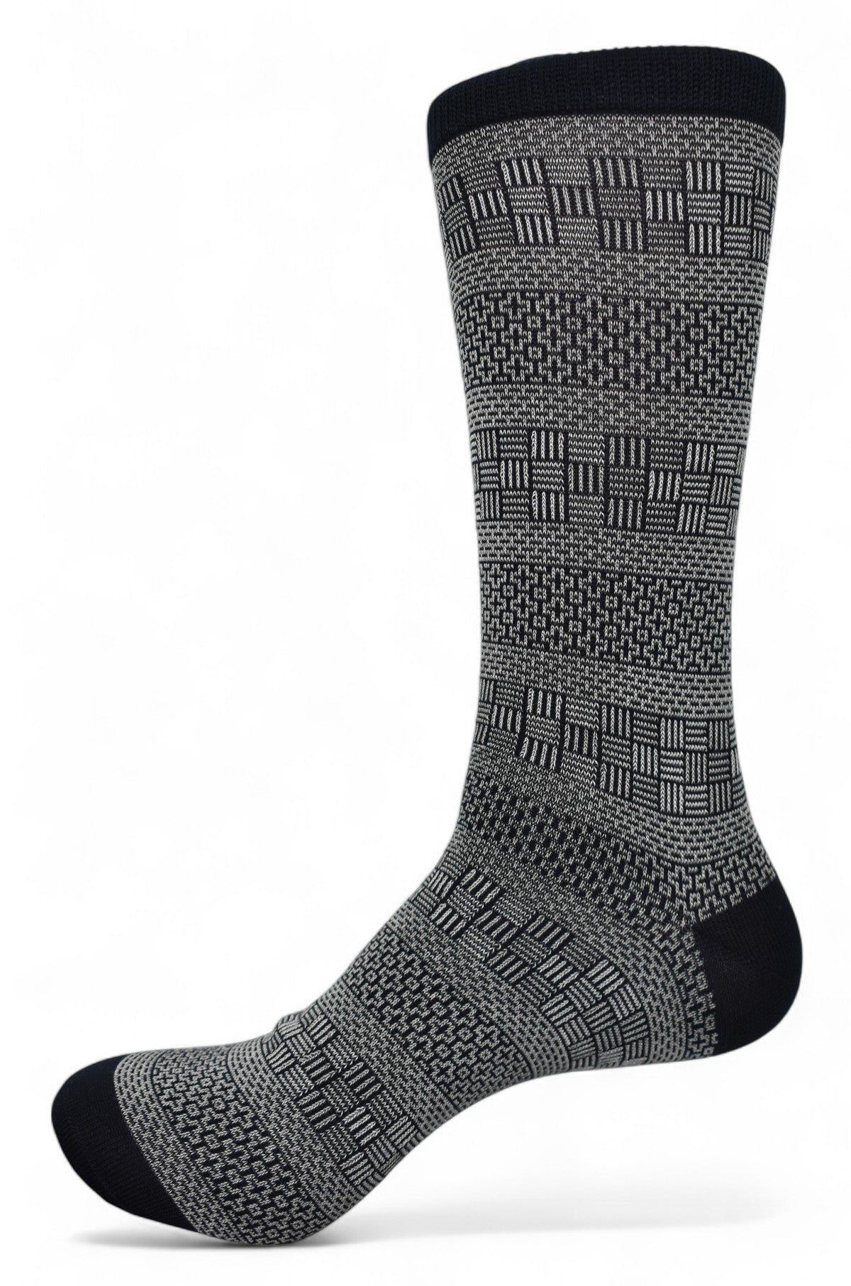 Cool sock in off white and true navy coloration featuring a horizontal alternating geometric pattern.