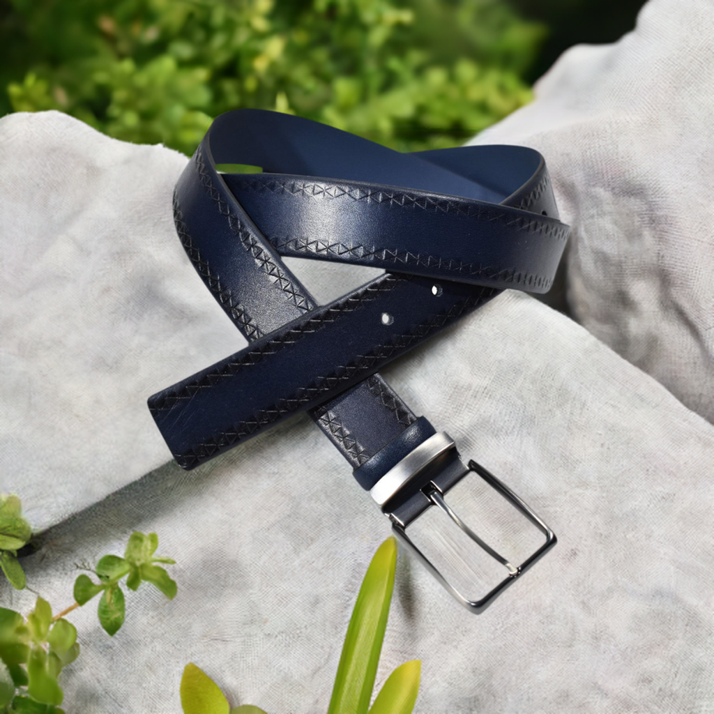 Marcello Men's Leather Indigo Stamp Belt in burnished navy.