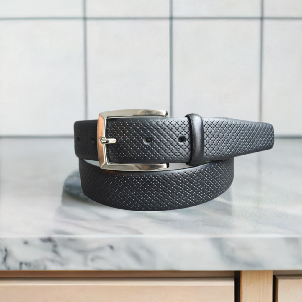 Marcello Men's Leather Diagonal Perforated Belt in black.