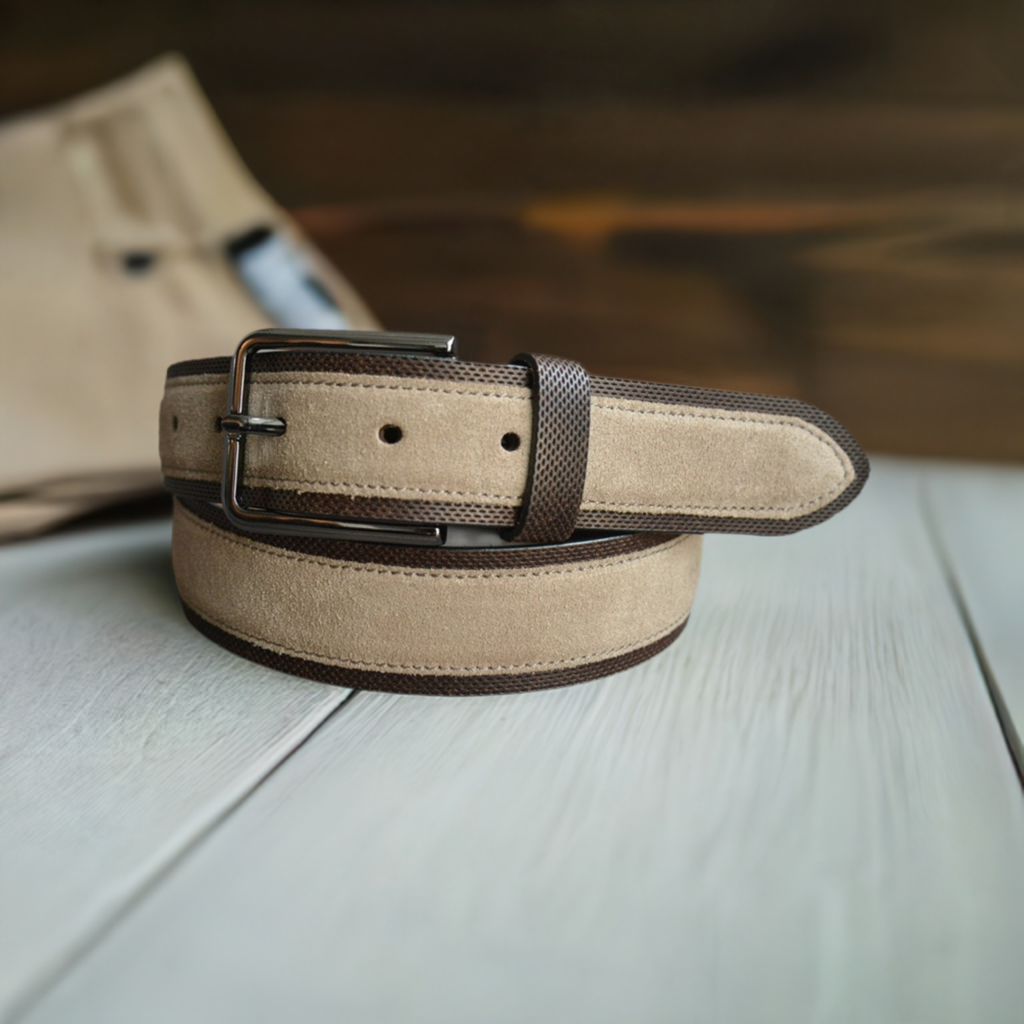 Marcello Men's Perforated Leather and Suede Belt in tan and chocolate.