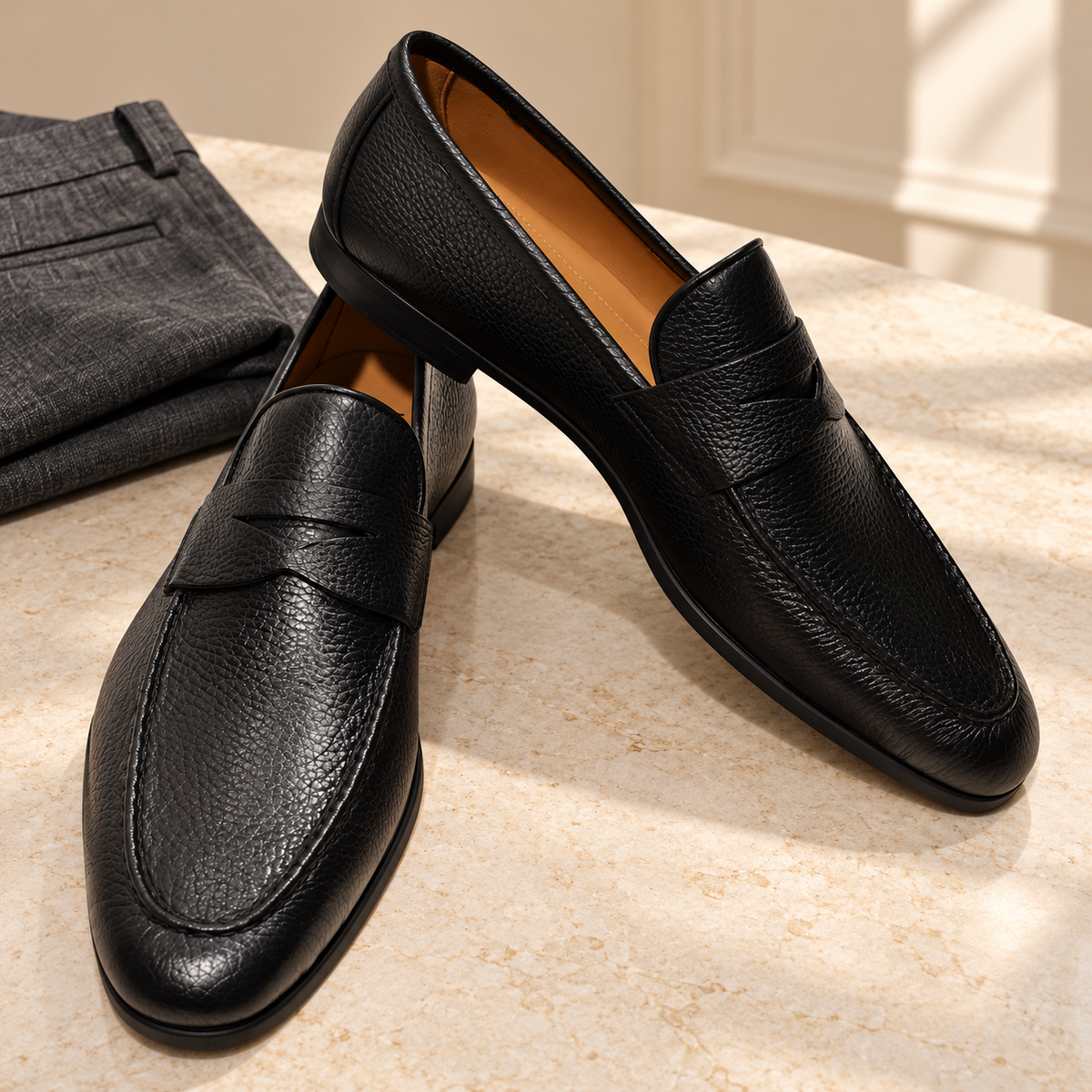 Magnanni Diezma black penny loafers beside folded charcoal trousers on pale stone.